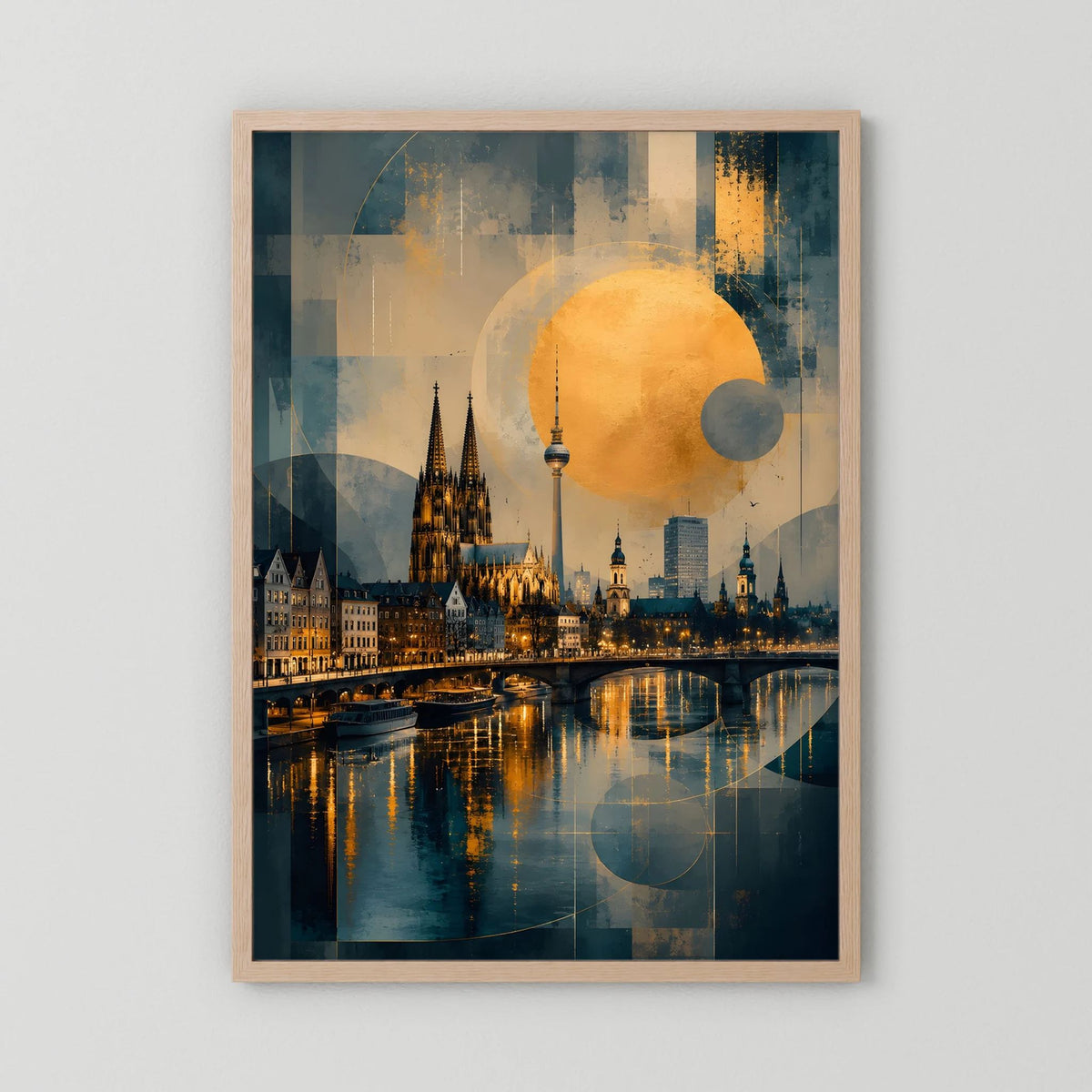 Hochformat-Poster Köln-Skyline mit Goldkreisen, eichenfarbener Holzrahmen
