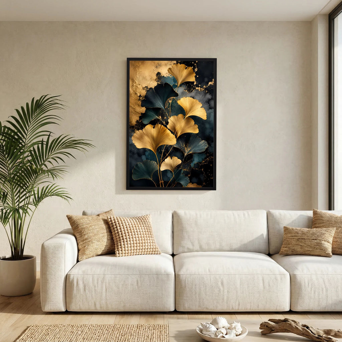 Poster mit goldenen Ginkgo-Blättern und Petroltönen, im schwarzen Rahmen