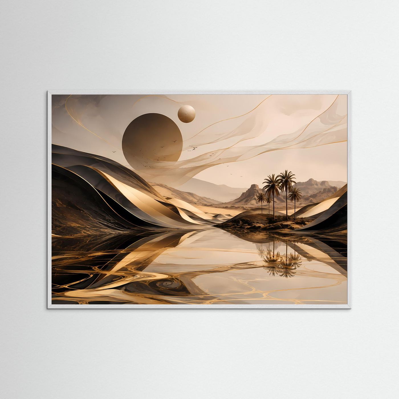 Abstrakte Wüstenoase in Schwarz & Gold | Elegante Wüstenlandschaft mit Palmen