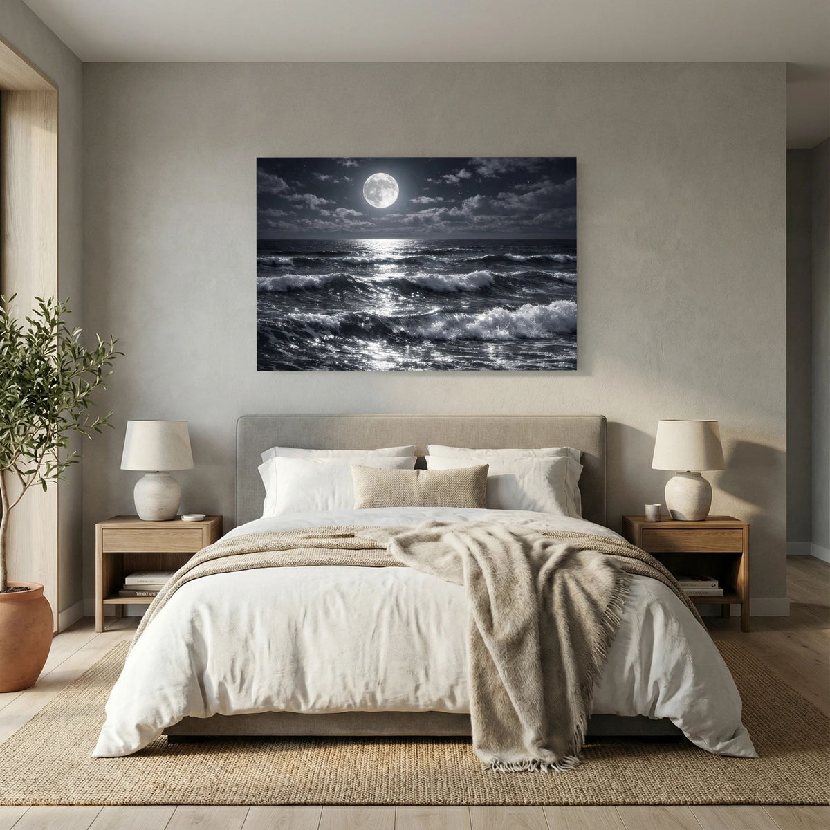 Wandbild mit Vollmond über dem Meer und schäumenden Wellen, Querformat über dem Bett