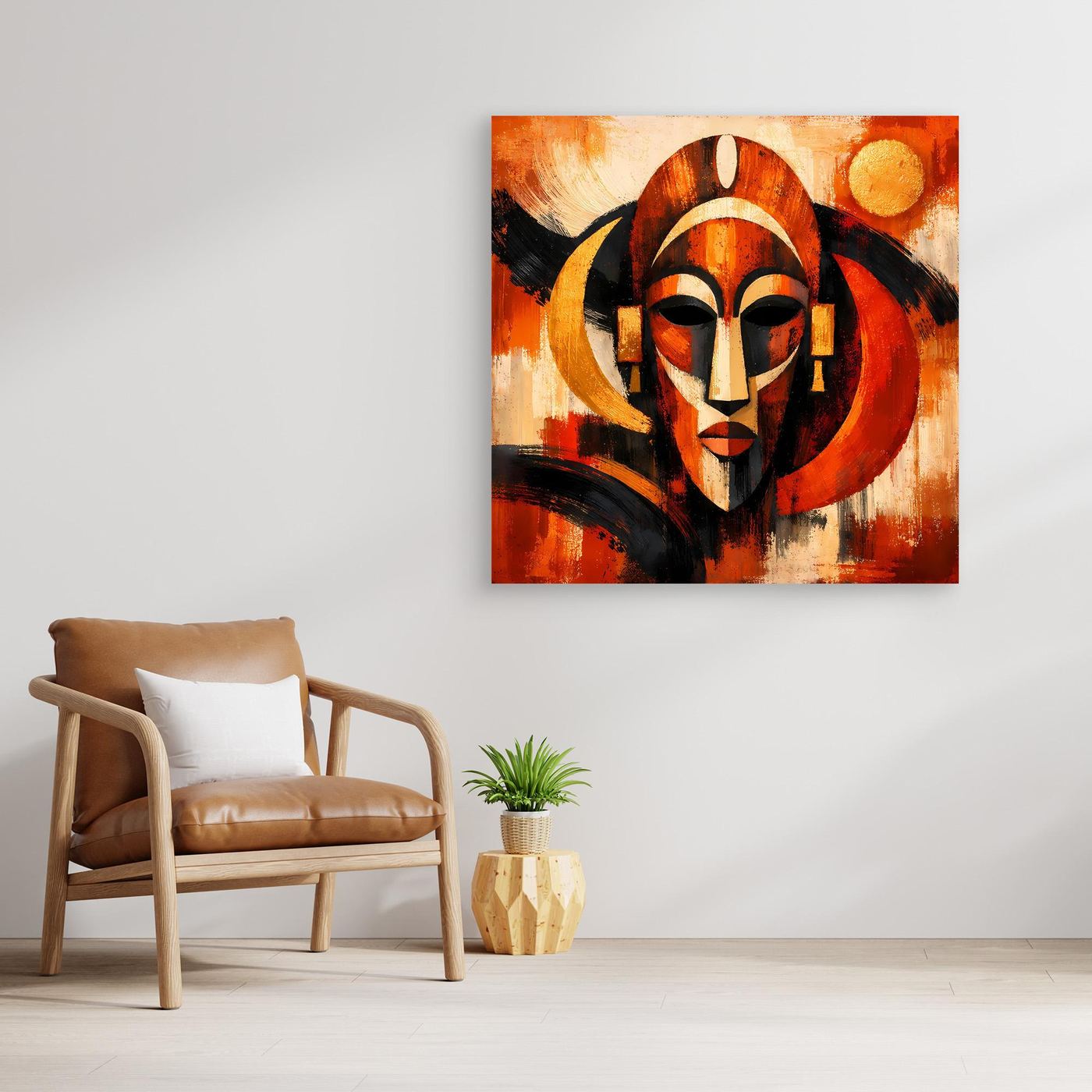 Leinwand-Wandbild mit afrikanischer Maske als abstraktes Motiv in Rot, Orange, Schwarz und Gold