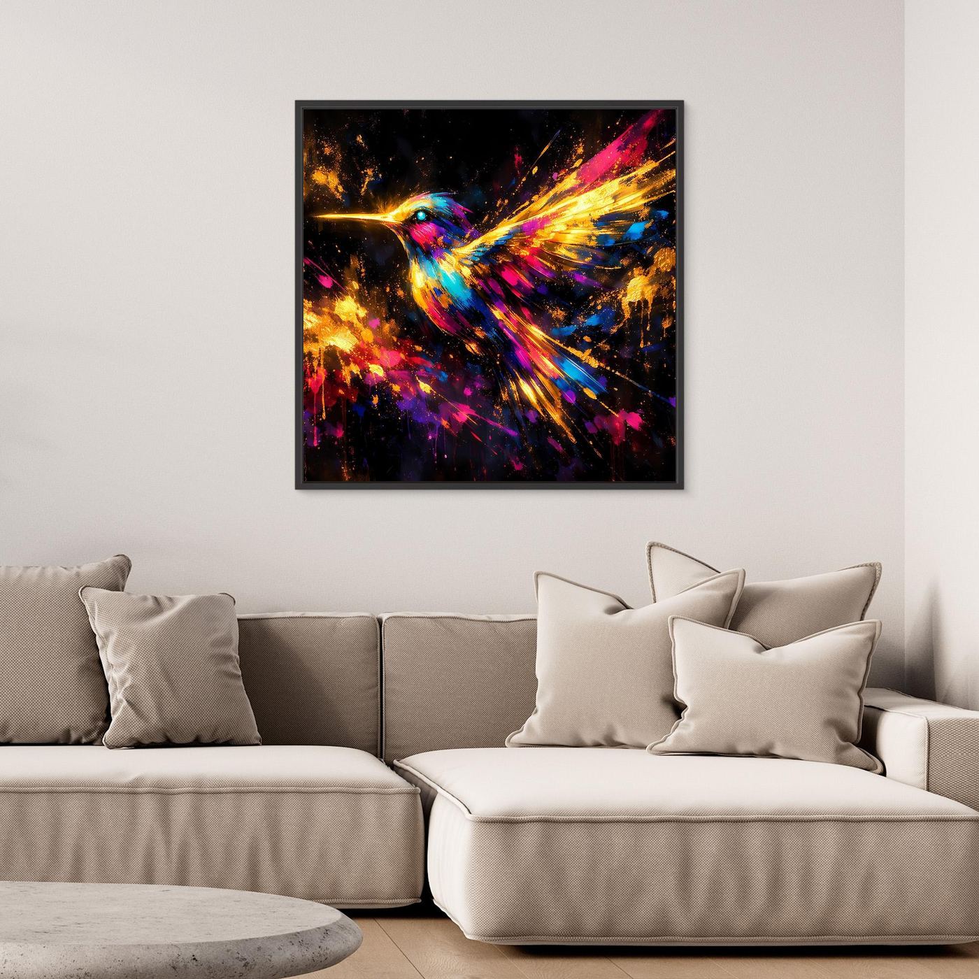 Leinwand Farbenfroher Kolibri im Flug | Abstraktes Modernes Wandbild Bunt