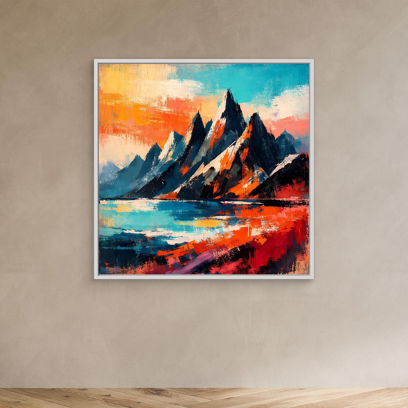 Abstraktes Leinwand-Wandbild mit Bergen und Wasserfall, silberfarbener Rahmen