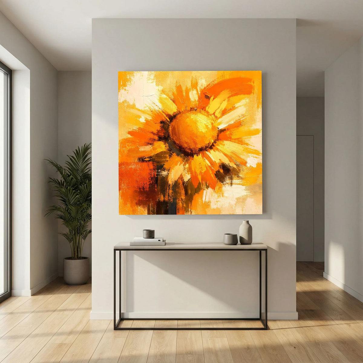 Leinwand Abstraktes Sonnenblumen Gemälde | Modernes Florales Wandbild Gelb Orange