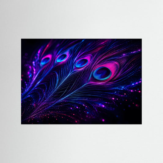 Leuchtende Feder-Wandkunst mit magenta-blauen Mustern und abstrakten Peacock-Federn