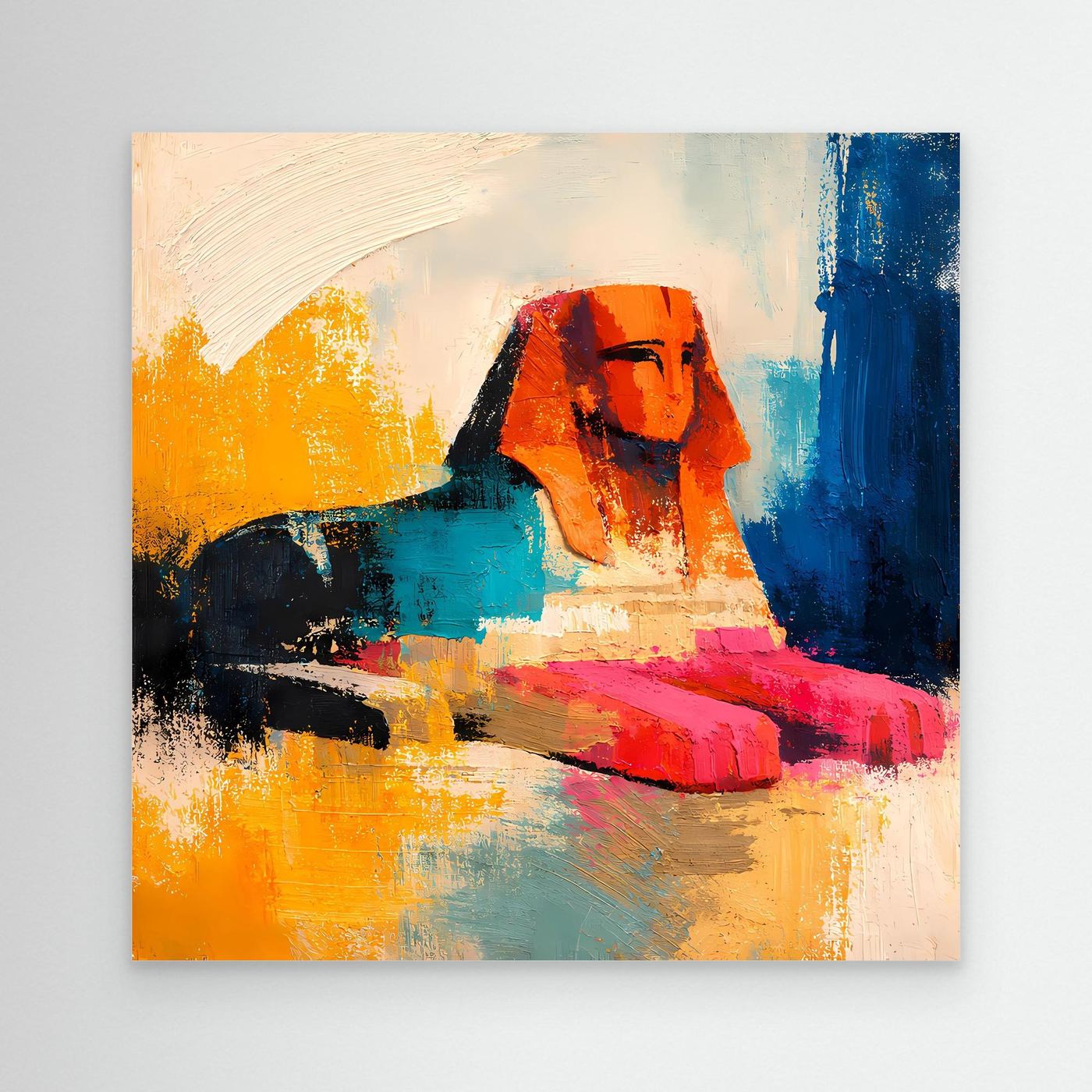 Abstract sphinx canvas wall art with blue, orange, and red strokes; unframed