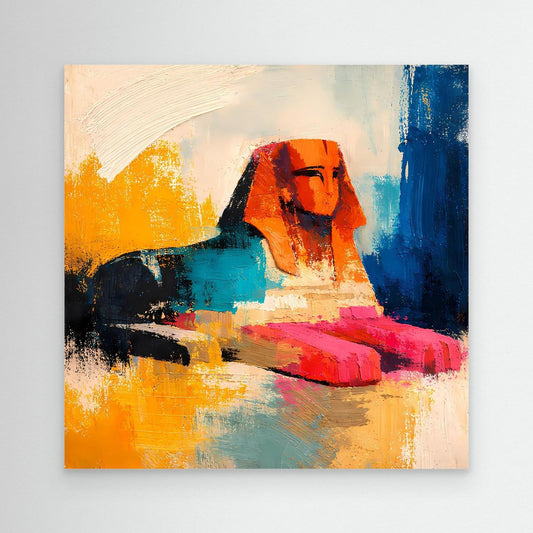 Abstract sphinx canvas wall art with blue, orange, and red strokes; unframed