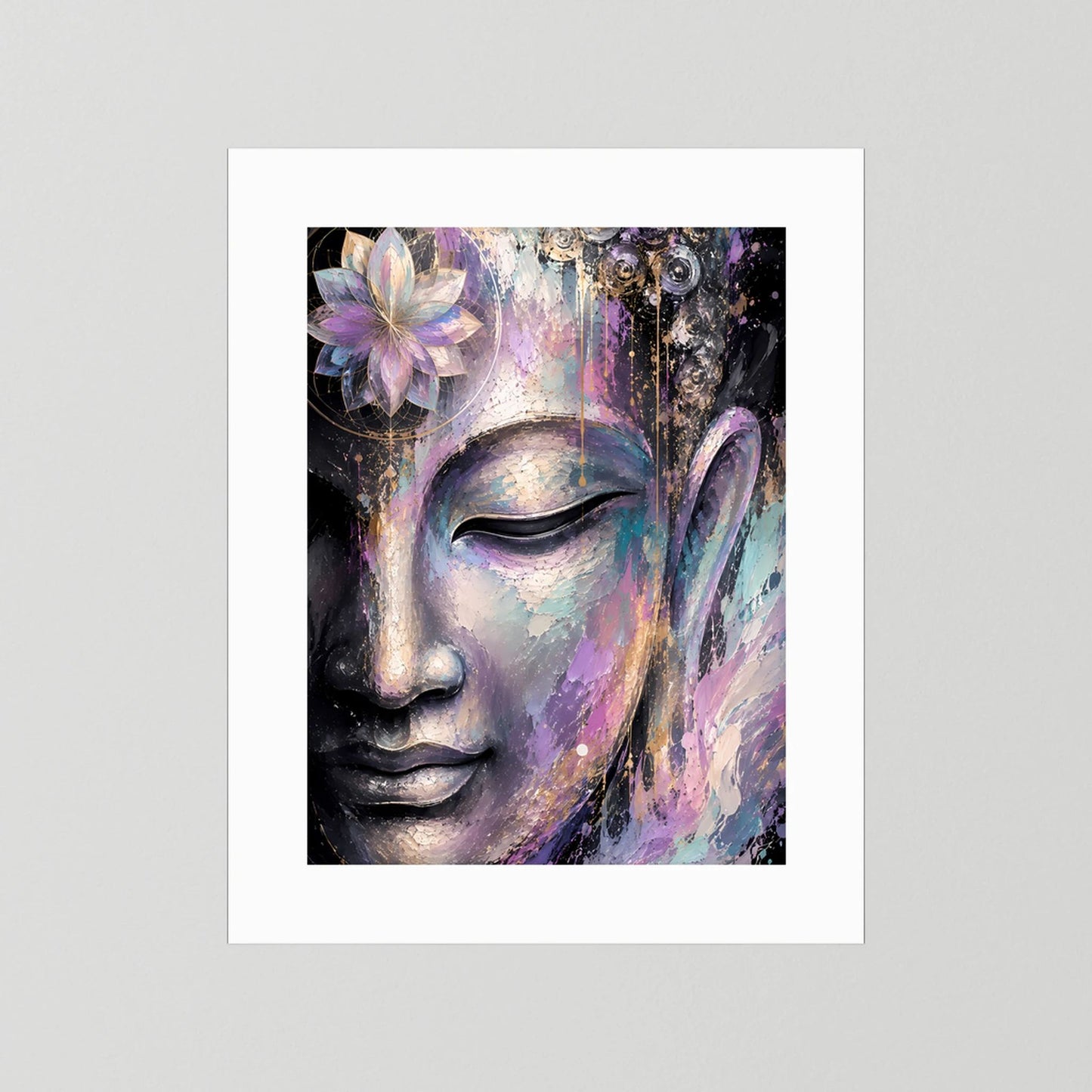 Kunstposter mit weißem Passepartout: abstraktes Buddha-Gesicht mit Lotusblüte