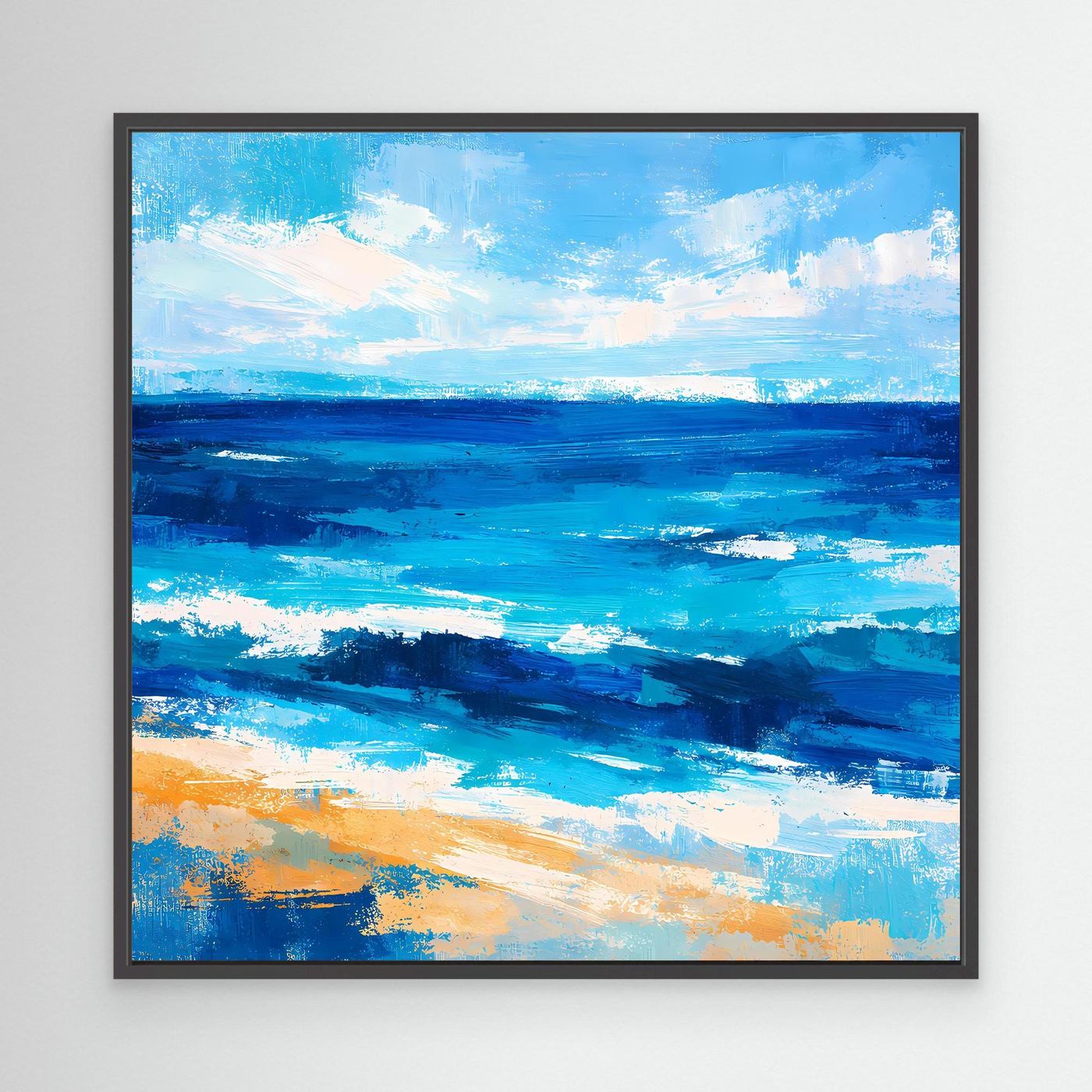 Abstract ocean canvas wall art with dark waves and bright foam, black-framed