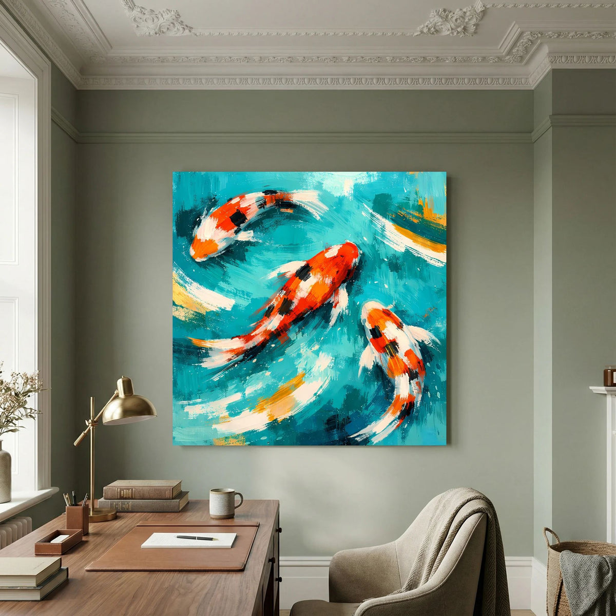 Keilrahmenbild mit drei Koi-Fischen in Orange, Weiß und Schwarz vor türkisfarbenem Wasser