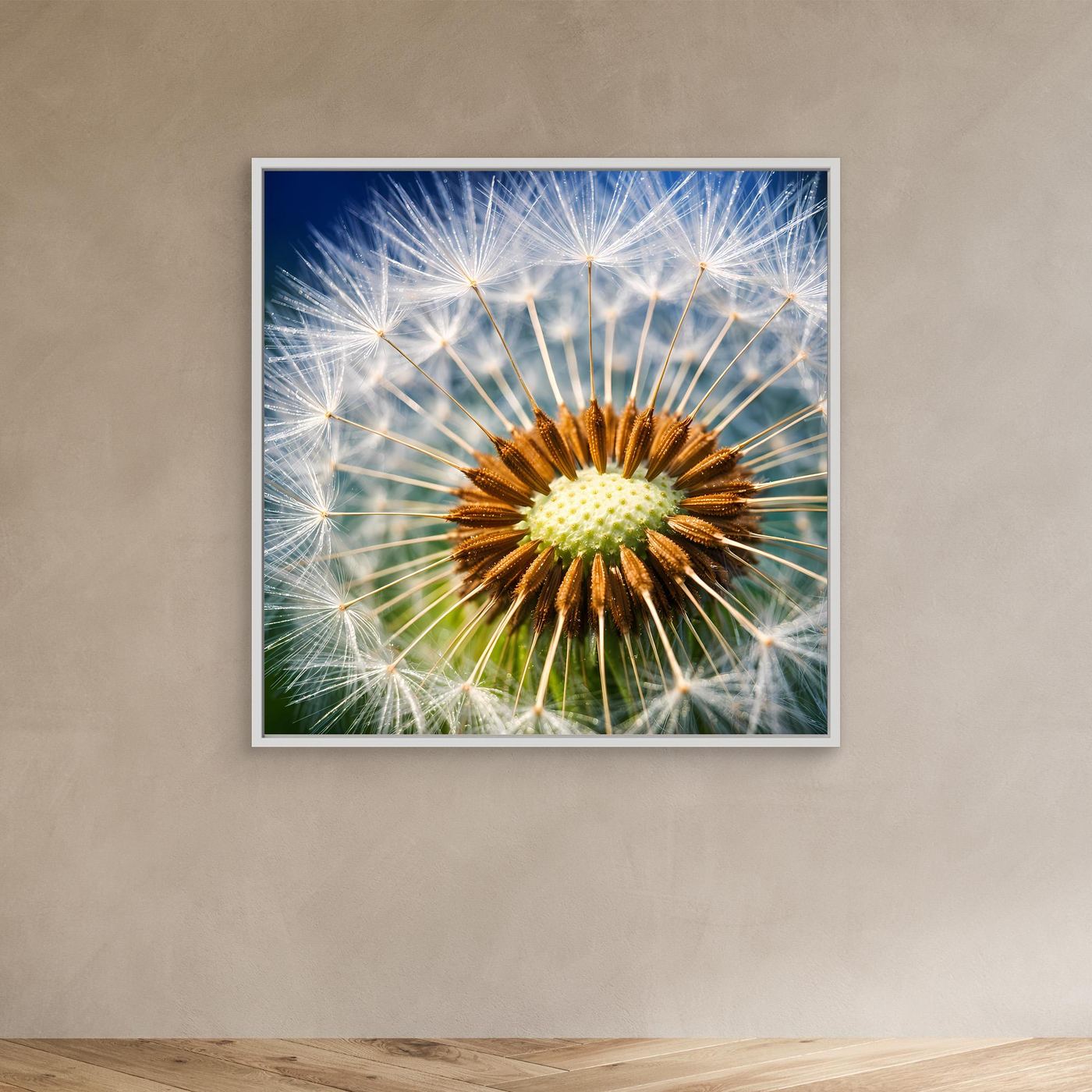 Leinwandbild Pusteblume-Makro mit weiß-gelber Pustendolde, heller Rahmen