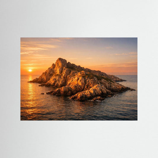 Küsten- und Meeres-Panorama-Poster mit Felseninsel bei Sonnenuntergang