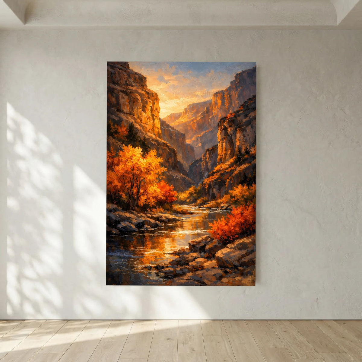 Hochkantiges Wandbild mit Canyon und Fluss im Sonnenuntergang, umrahmt von orangefarbenem Laub