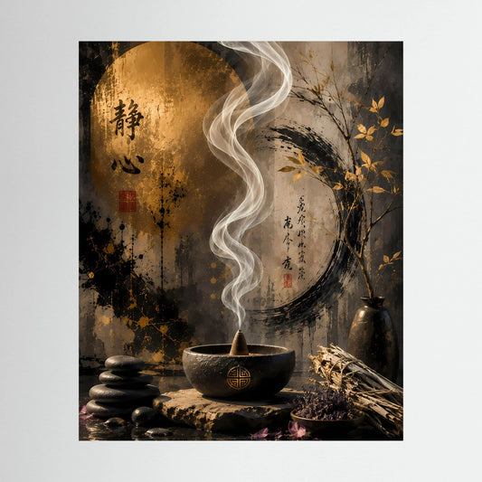 Zen-Poster mit goldenem Kreis, Rauchfaden, Schale und Steinen, Baumzweig und Schriftzeichen