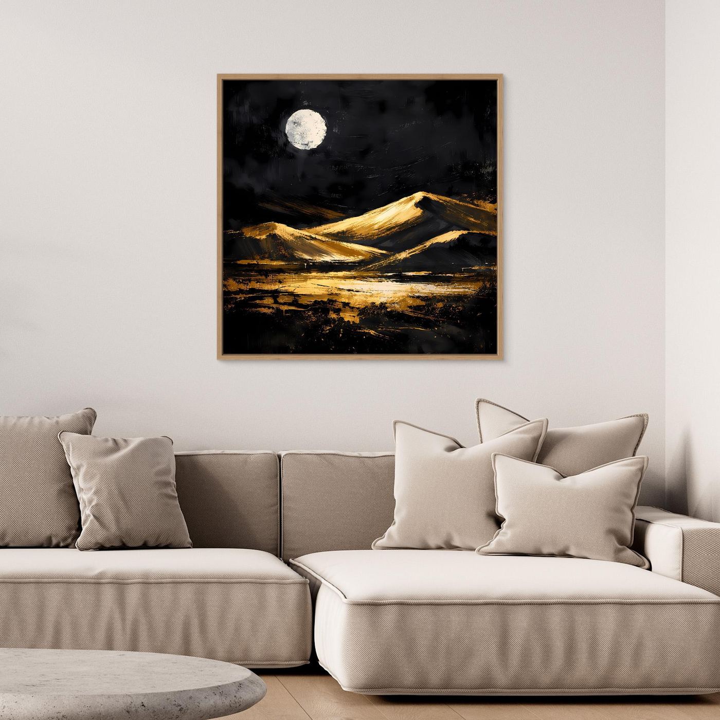 Leinwand Goldene Wüstendünen bei Vollmond | Modernes Abstraktes Landschafts Wandbild
