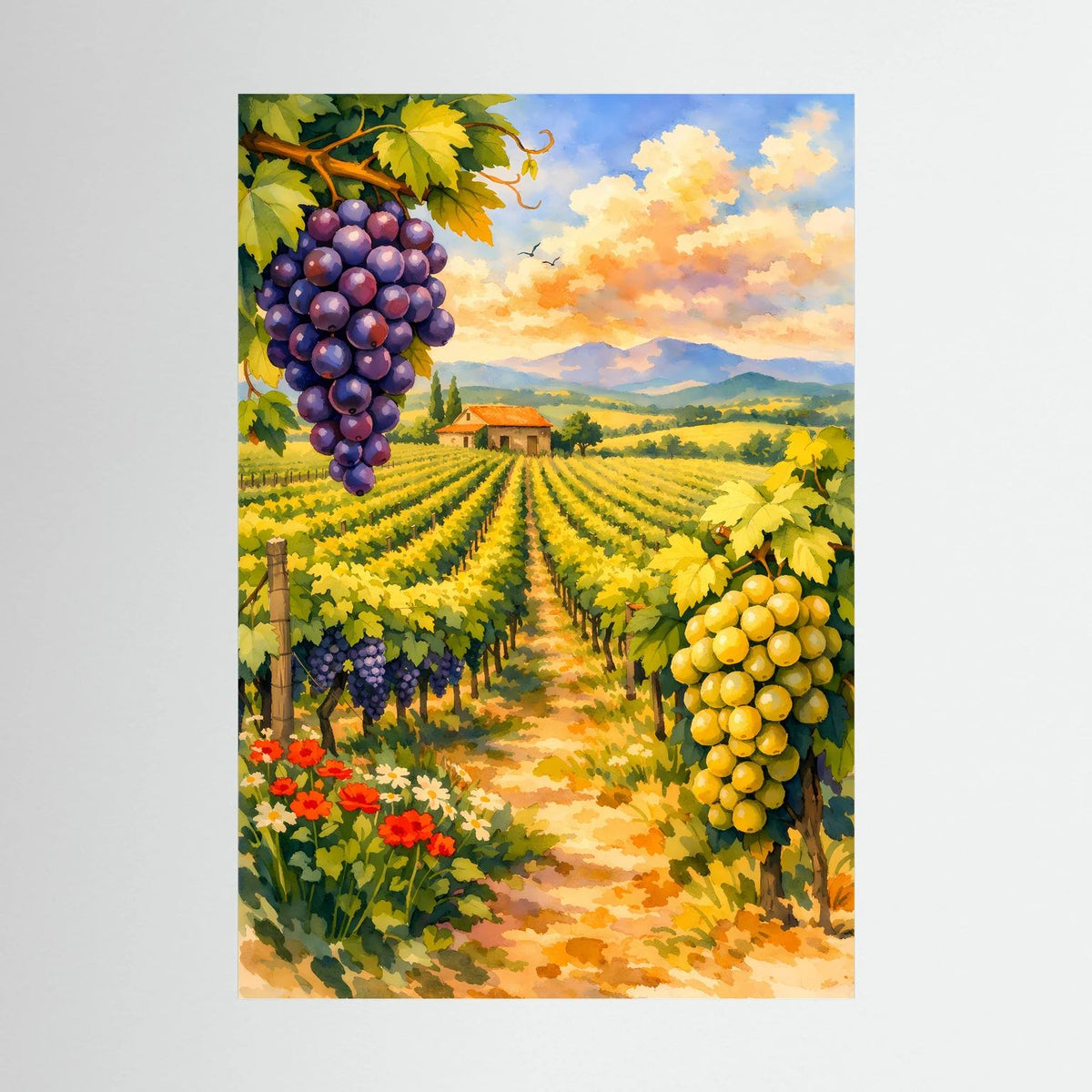 Hochformat-Poster mit Weinbergen, violetten und gelben Trauben, Pfad und Himmel