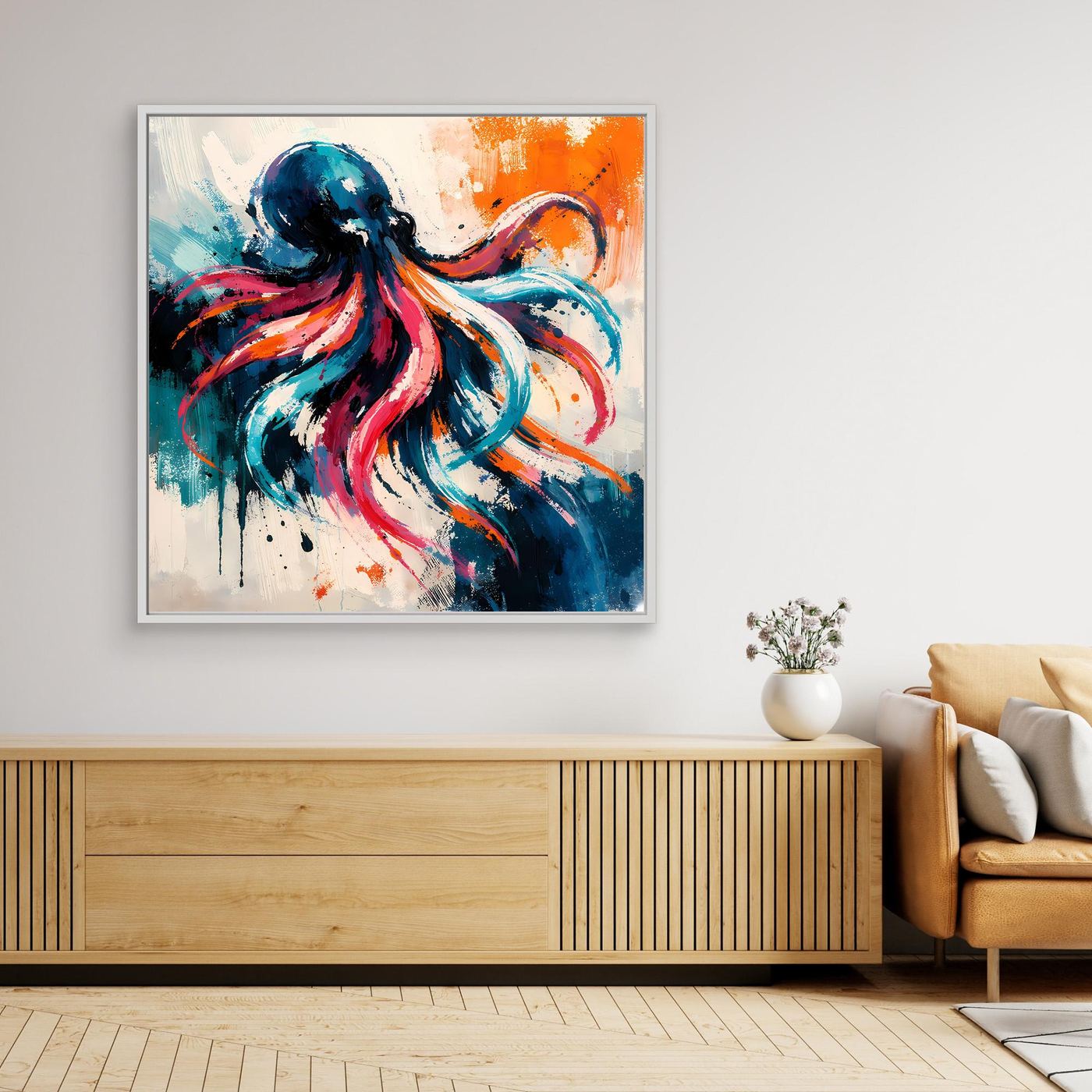 Leinwand Dynamischer Oktopus im Farbenmeer | Abstraktes Krake Wandbild