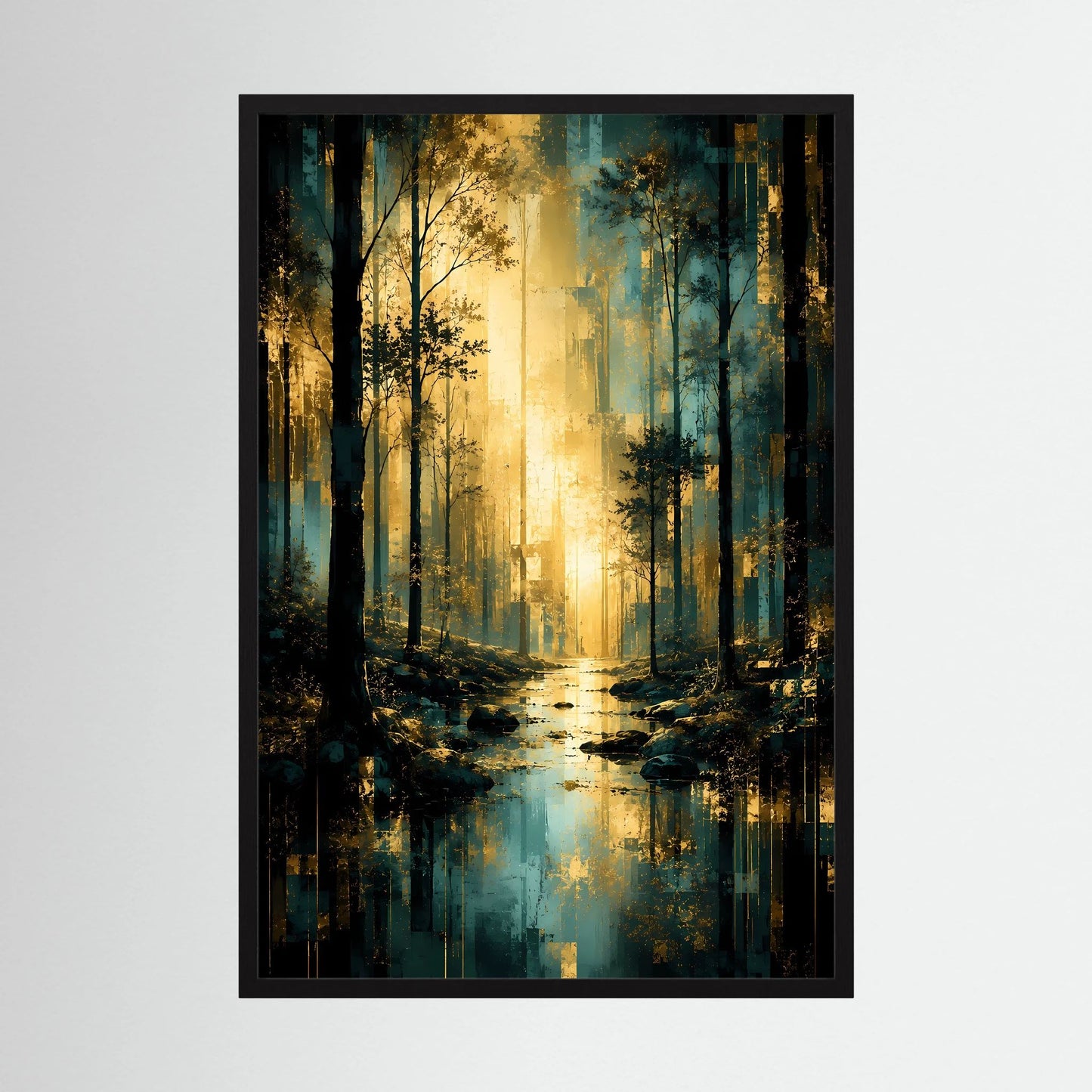 Hochformat-Poster mit mystischem Waldmotiv in Türkis und Gold, schwarzer Rahmen