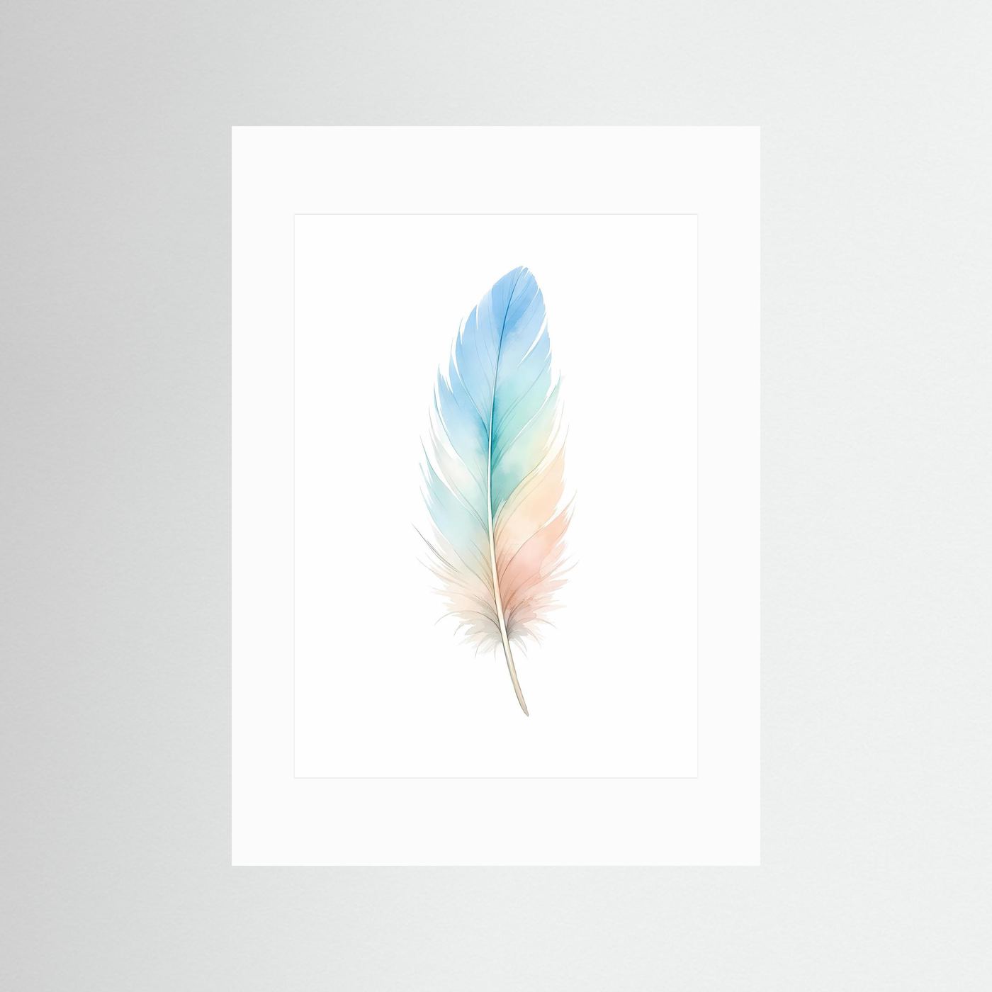 Poster mit Aquarell-Feder im Pastellverlauf von Blau bis Pfirsich mit weißem Rand, hochkant