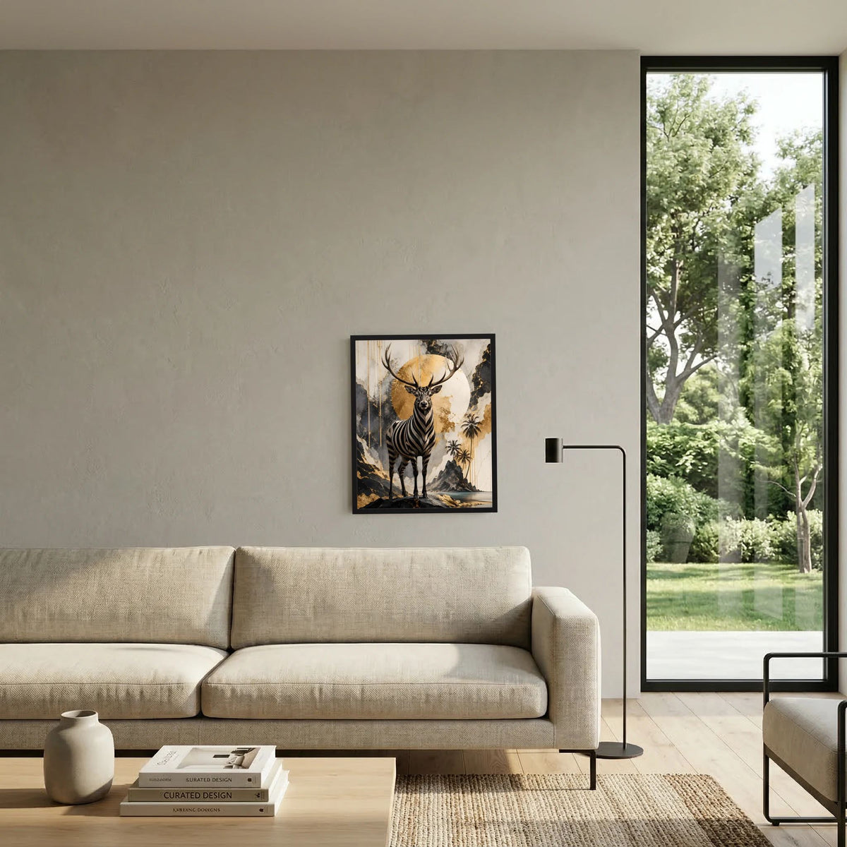 Hochformatiges Kunstposter mit Zebra-Hirsch im schwarzen Rahmen, goldene Mondscheibe