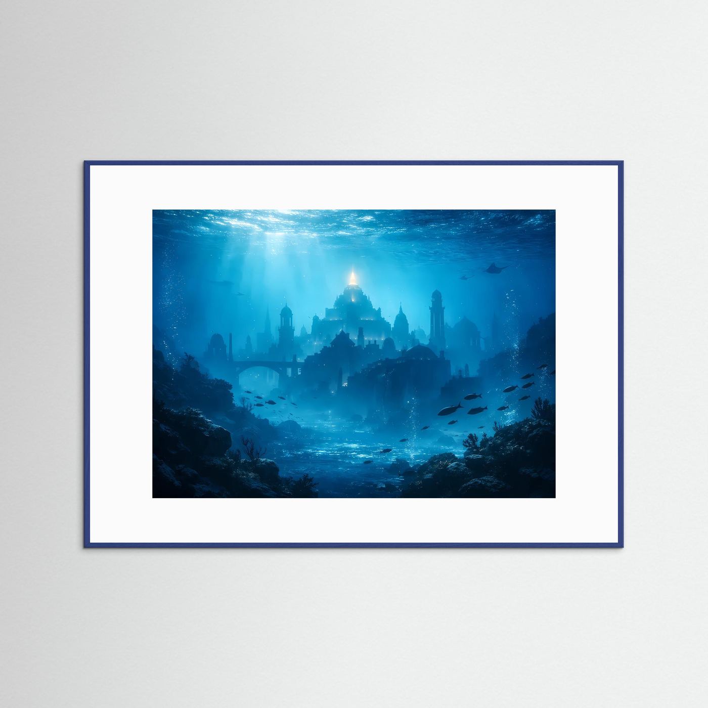 Meerwelt-Poster im Querformat mit Unterwasserstadt in Blau, blauer Rahmen