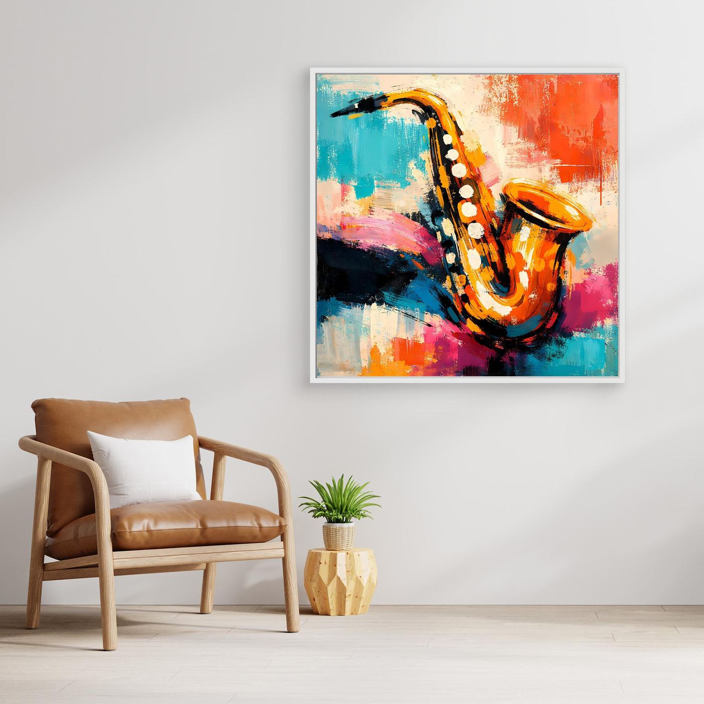 Framed canvas wall art showing a colorful abstract saxophone