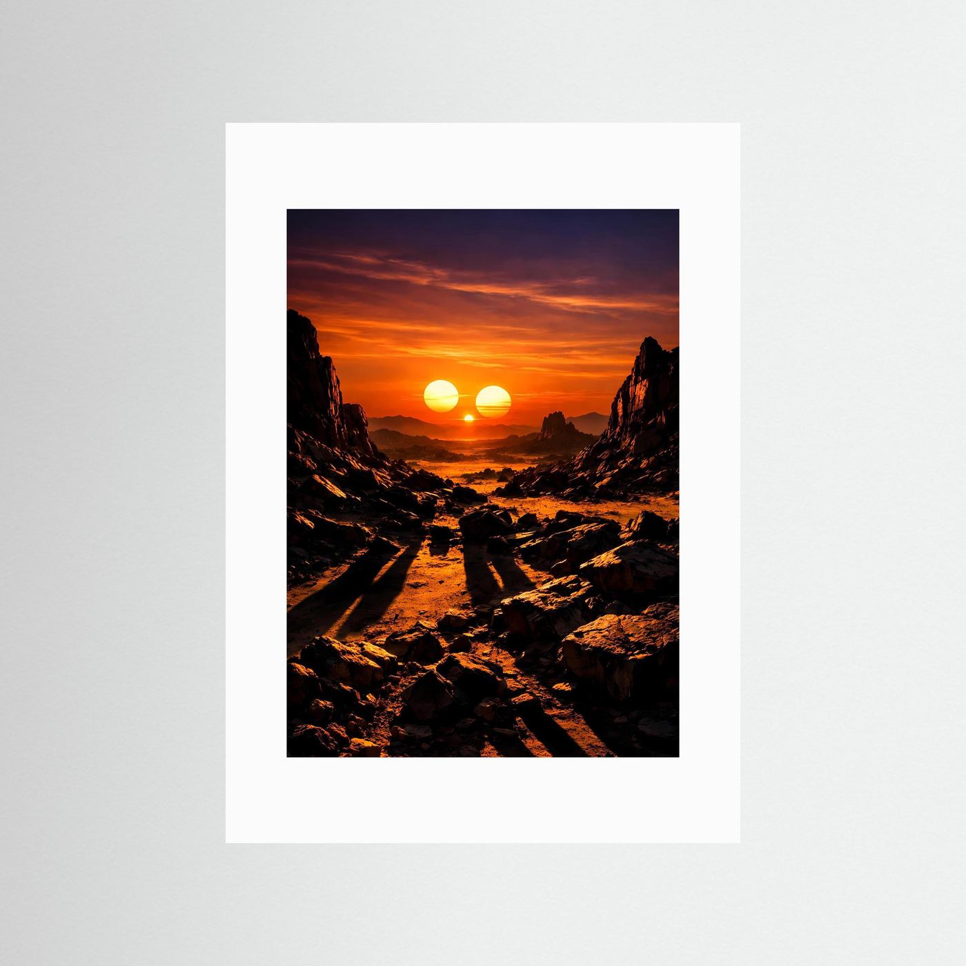 Science-Fiction-Poster mit drei Sonnen über felsiger Landschaft, weißes Passepartout