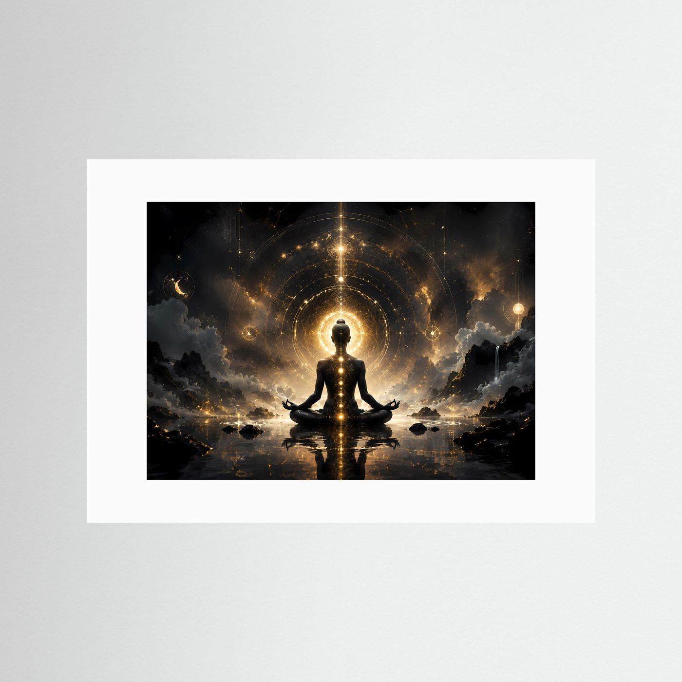 Meditation & Heilige Geometrie in Gold | Spirituelles Zen Wandbild Querformat