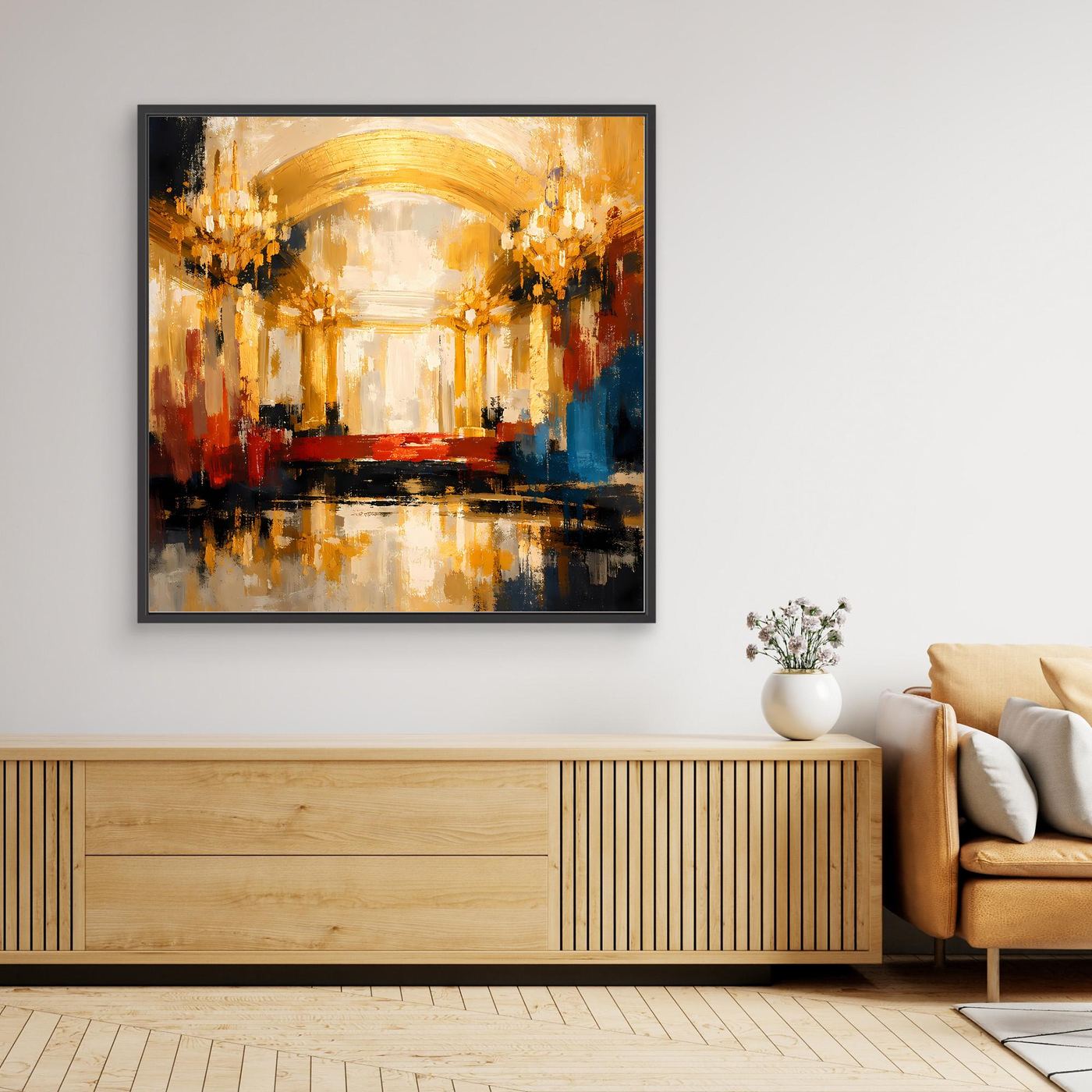 Leinwand Abstraktes Palast Saal Gemälde | Modernes Elegantes Wandbild Ballsaal Gold Rot