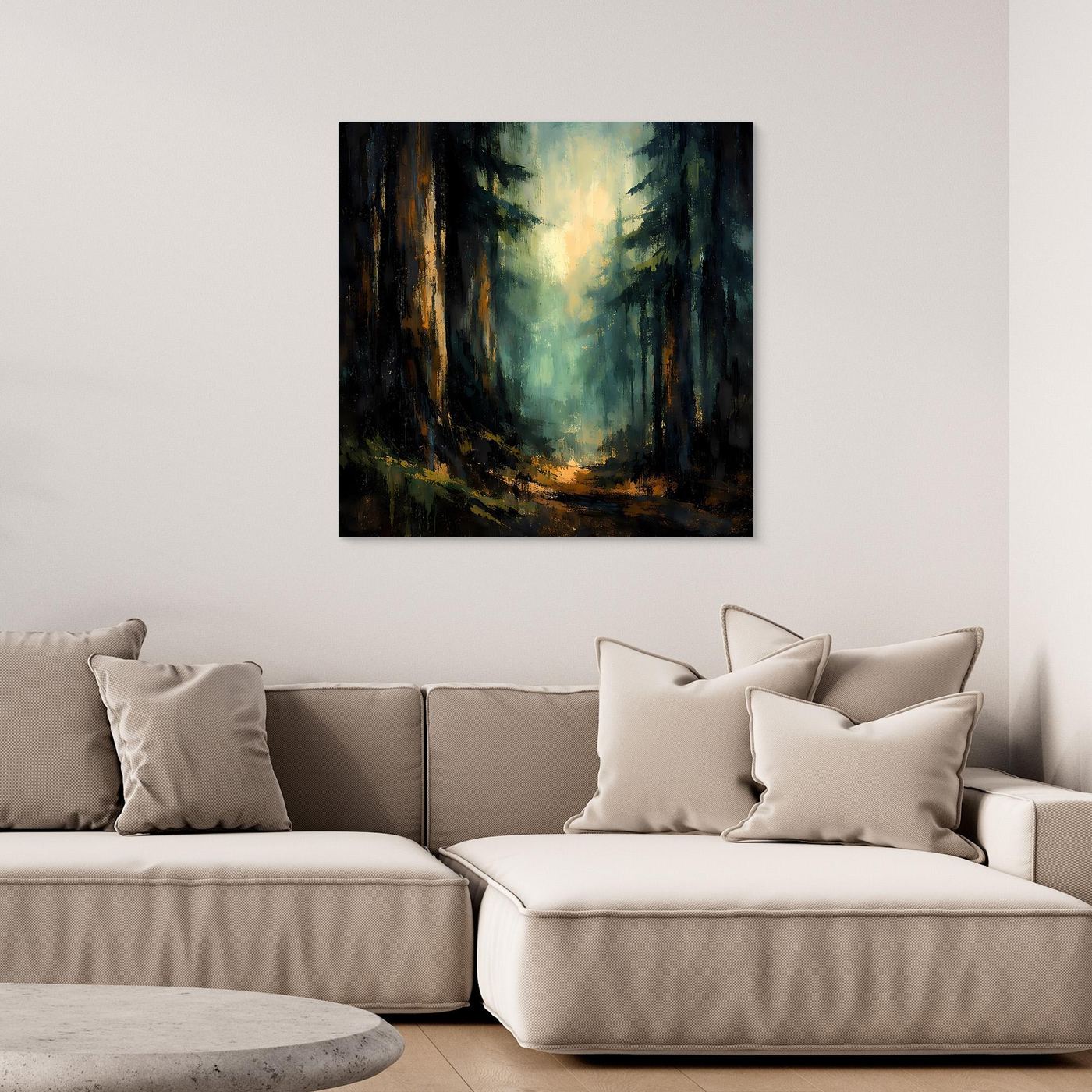 Abstraktes Tannenwald-Leinwandbild mit hellgelbem Licht in dunklem Wald, ohne sichtbaren Rahmen