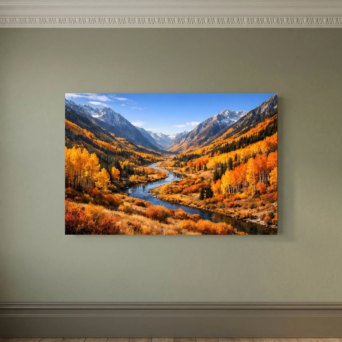 Wandbild im Querformat mit Bergtal und Fluss im Herbst, Rahmen nicht sichtbar