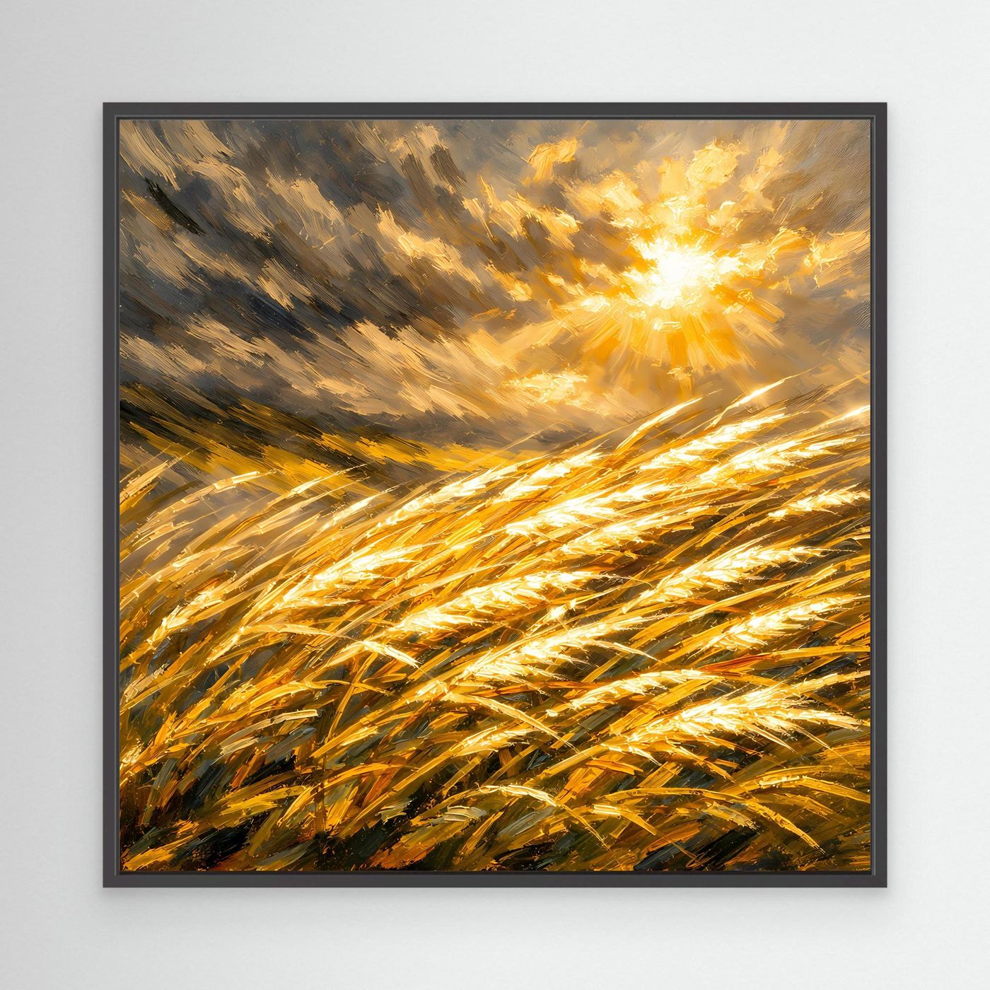 Leinwandbild mit goldenem Weizenfeld und Sonnenstrahlen, schwarzer Rahmen