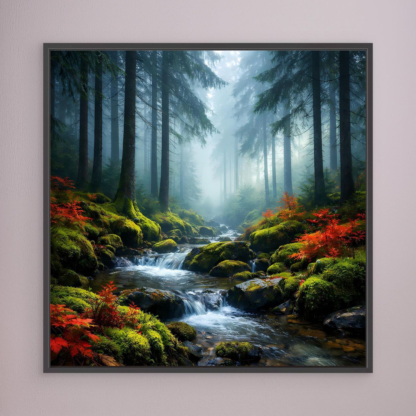 Wandbild: Waldbach im Nebel mit roten Sträuchern, Moospolstern und dunklem Rahmen