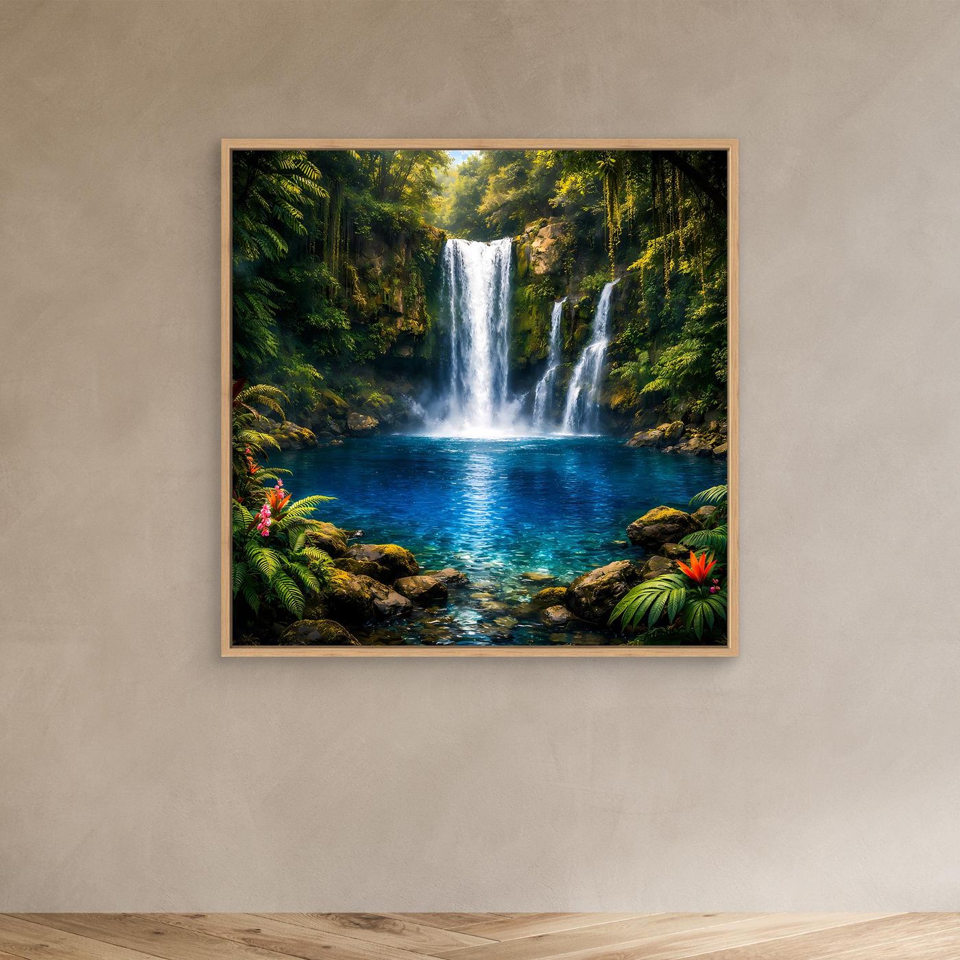 Leinwandbild mit tropischem Wasserfall und Dschungelpflanzen im Eichenrahmen