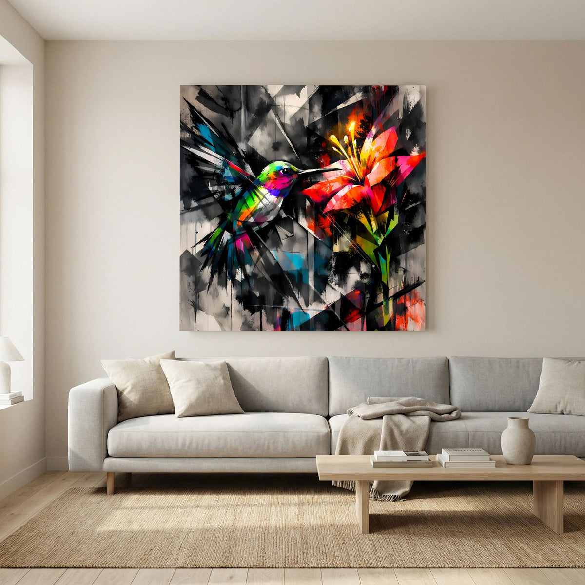 Abstraktes Leinwandbild mit Kolibri und geometrischen Effekten auf Keilrahmen, farbintensiv