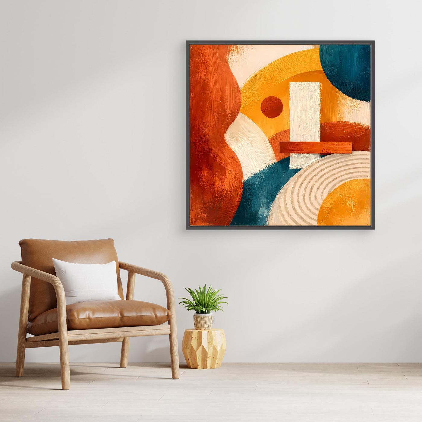 Leinwandbild mit geometrischer Abstraktion in Terrakotta, Blau und Creme, Kreisformen, Holzrahmen