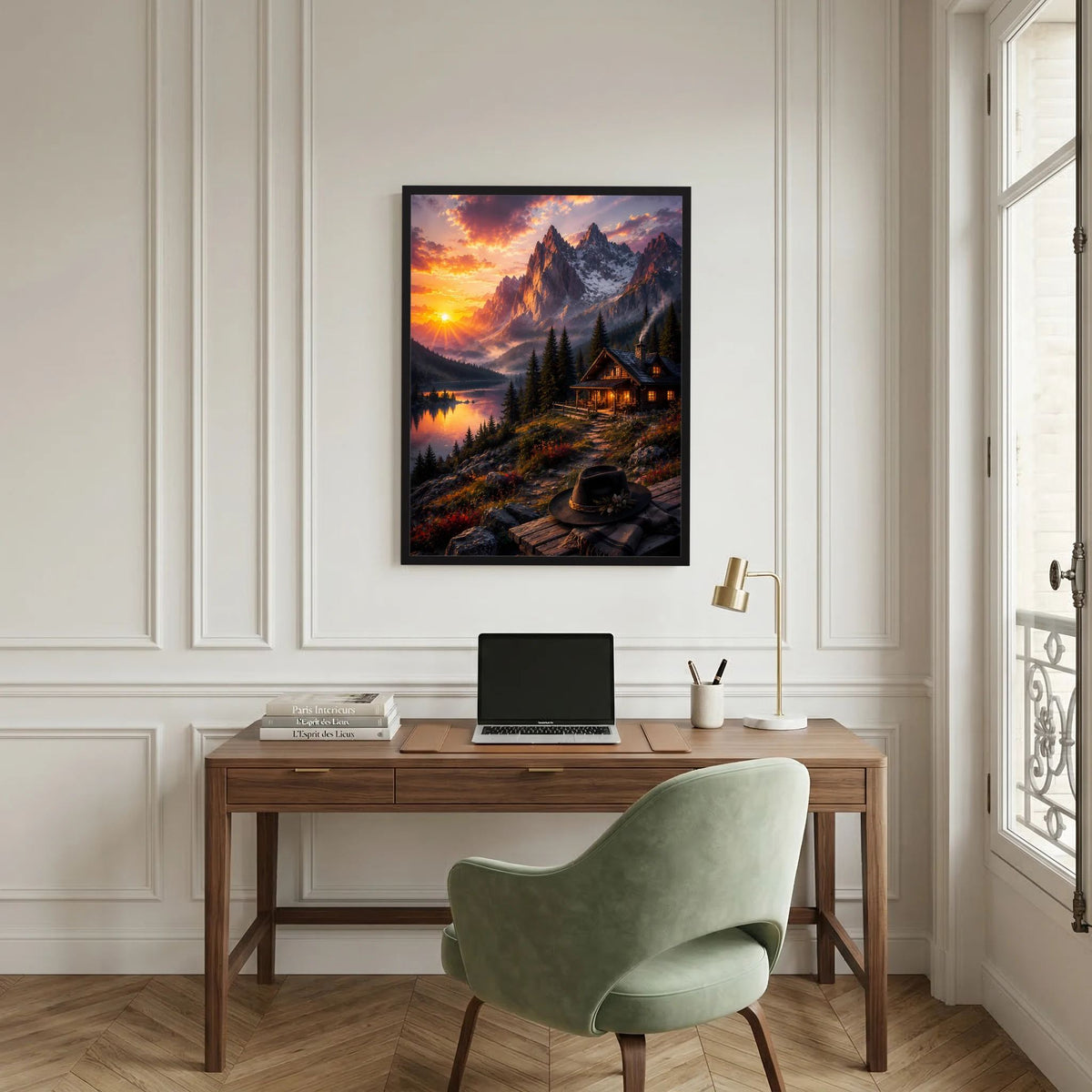 Poster im Hochformat mit Bergsee und Berghütte im Sonnenuntergang, schwarzer Rahmen
