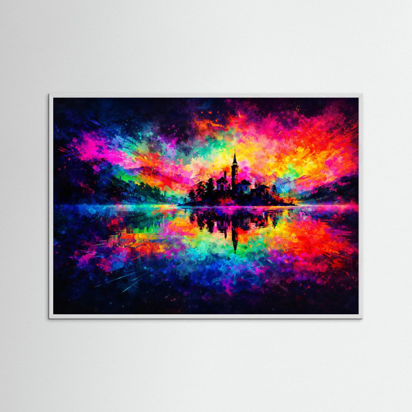 Bunte Insel im See Expressionismus | Farbgewaltiges Panorama Natur & Kunst Poster Querformat