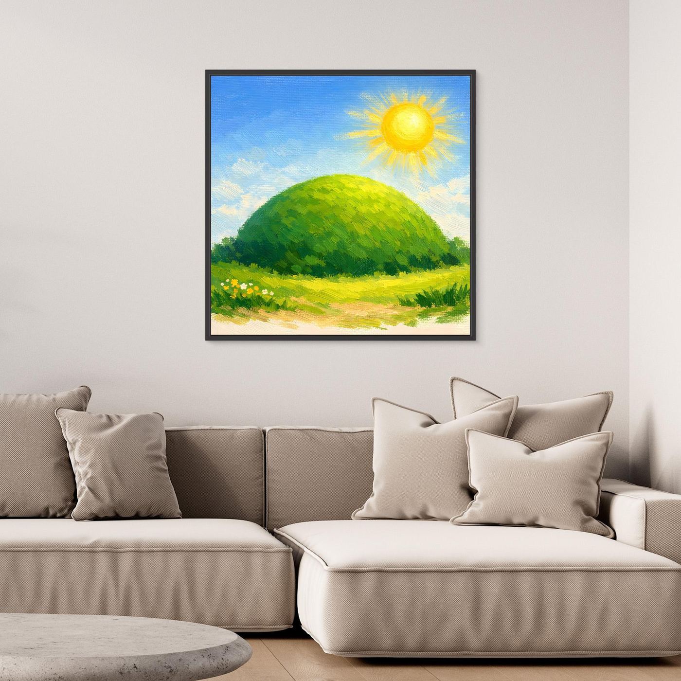 Quadratisches Leinwandbild mit grünem Hügel und strahlender gelber Sonne