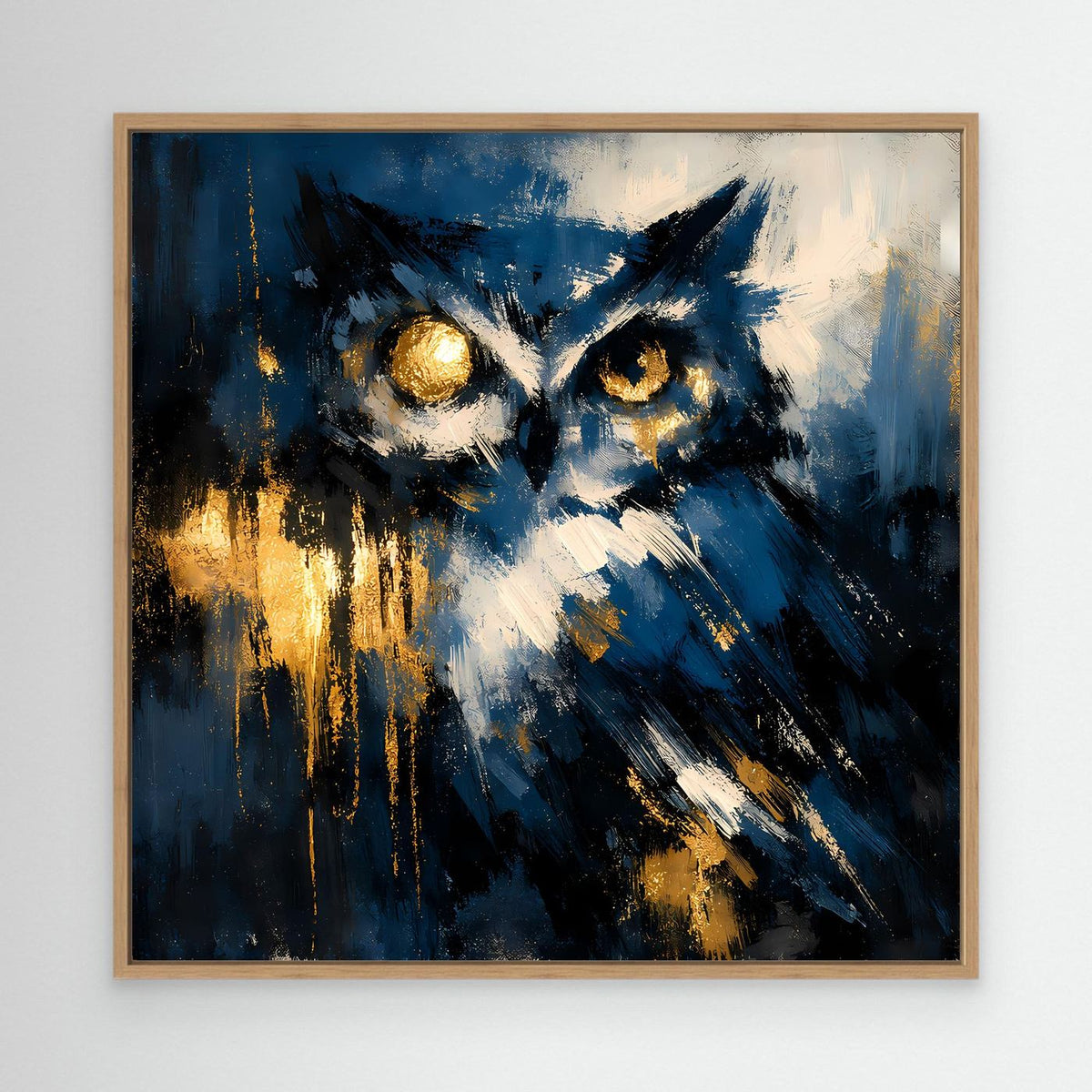 Leinwand-Wandbild mit abstrakter Eule in Blau und Gold, mit Holzrahmen (Eiche)