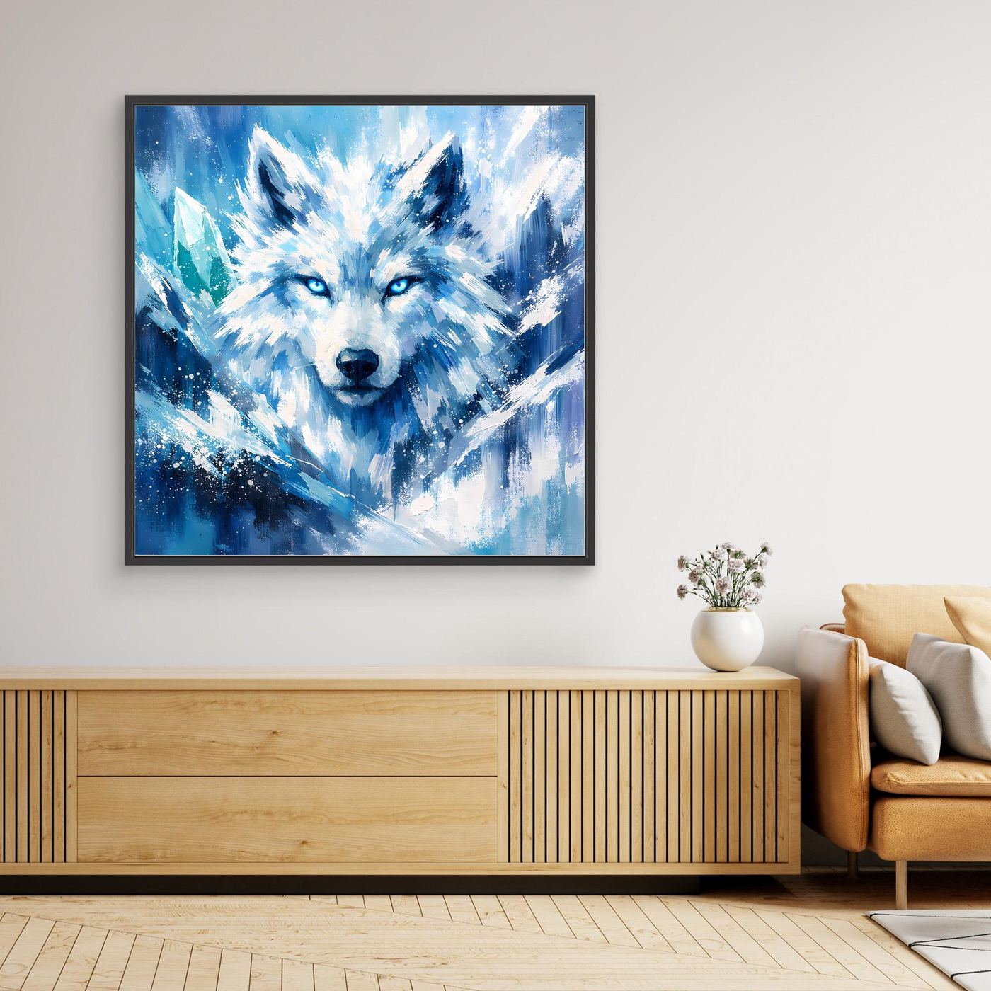 Gerahmtes Leinwand-Wandbild mit Eiswolf im Blizzard, blauer Schneesturm, schwarzer Rahmen