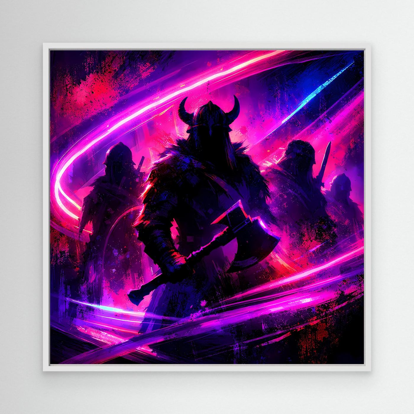 Neon-Wandbild mit Wikingerkriegern in Pink/Lila/Blau, abstrakte Silhouetten, weißer Rahmen