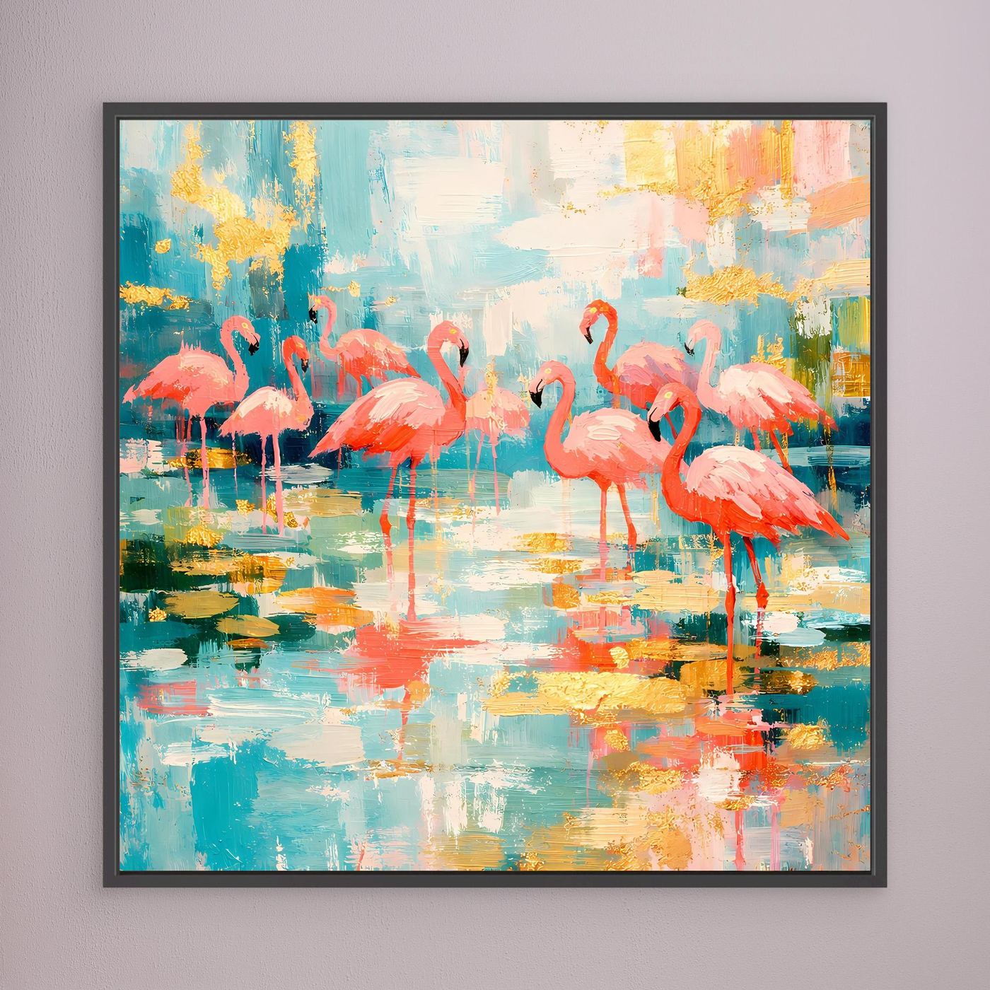 Leinwandbild mit abstrakten Flamingos im bunten Farbverlauf, schwarzer Rahmen