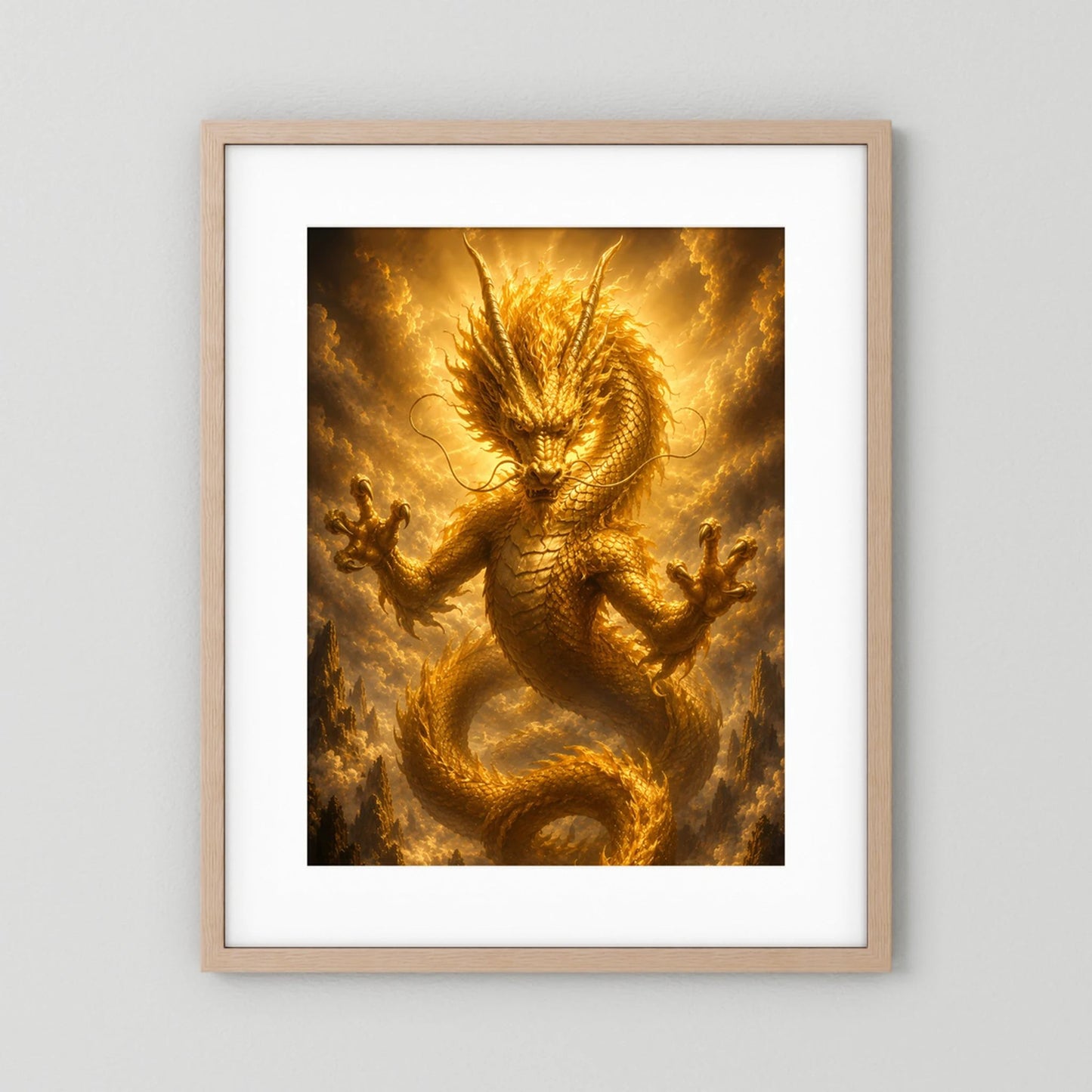 Poster im Hochformat mit goldenem chinesischem Drachen, heller Holzrahmen