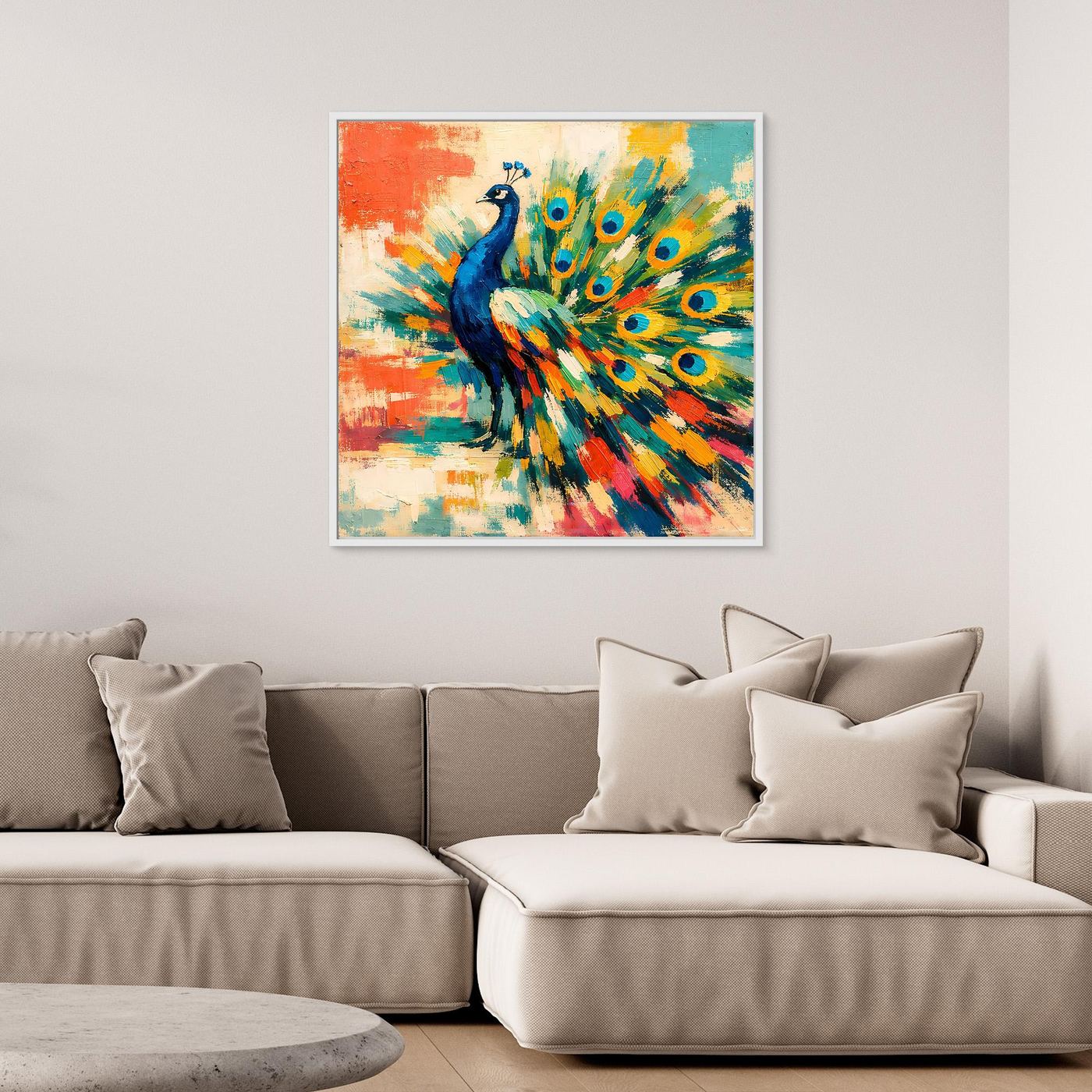 Peacock abstract canvas wall art with multicolor feather fan, square framed design