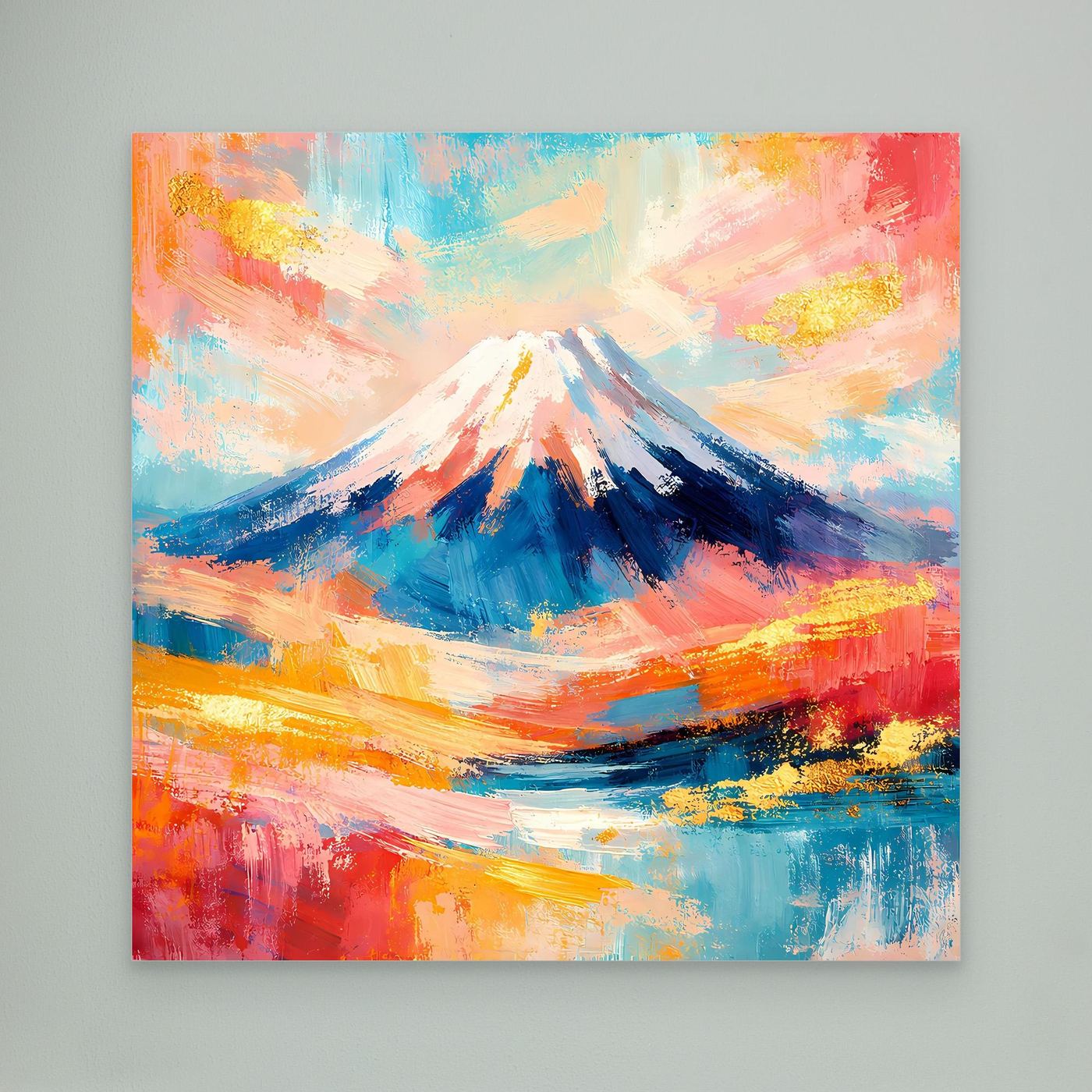 Abstraktes Leinwandbild mit Mount Fuji, kräftige Pinselstriche und leuchtender Farbübergang