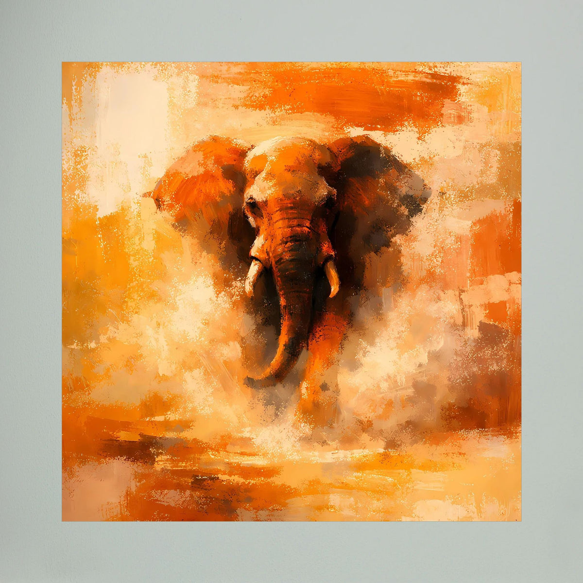 Leinwand Abstraktes Elefanten Gemälde | Modernes Kraftvolles Tier Wandbild Orange Ocker