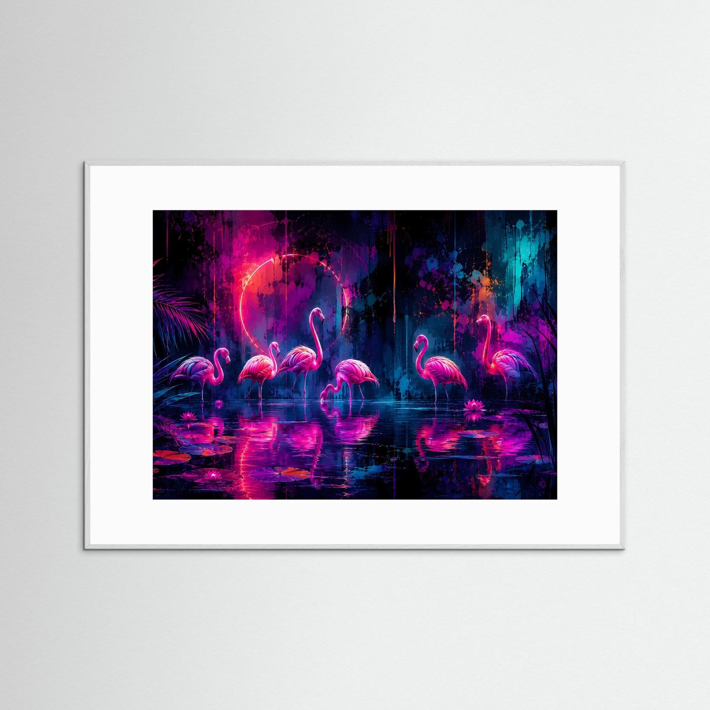 Neon Flamingos Poster | Magische Tropische Nacht in Pink Blau Fantasy Wandbild Querformat