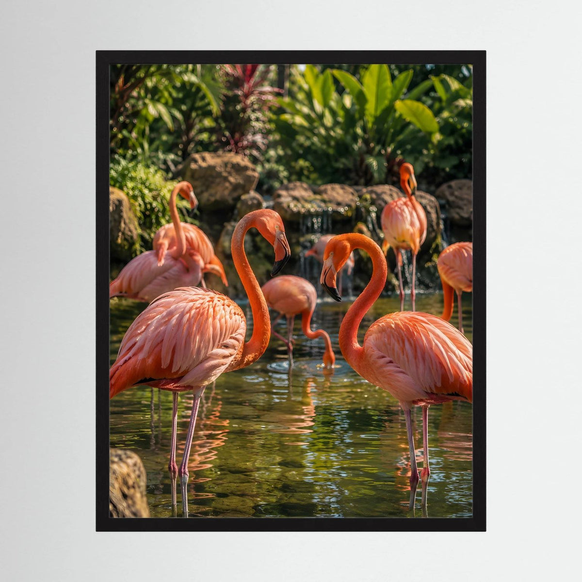 Gerahmtes Hochformat-Poster: rosa Flamingos im Wasser vor tropischer Pflanzenkulisse