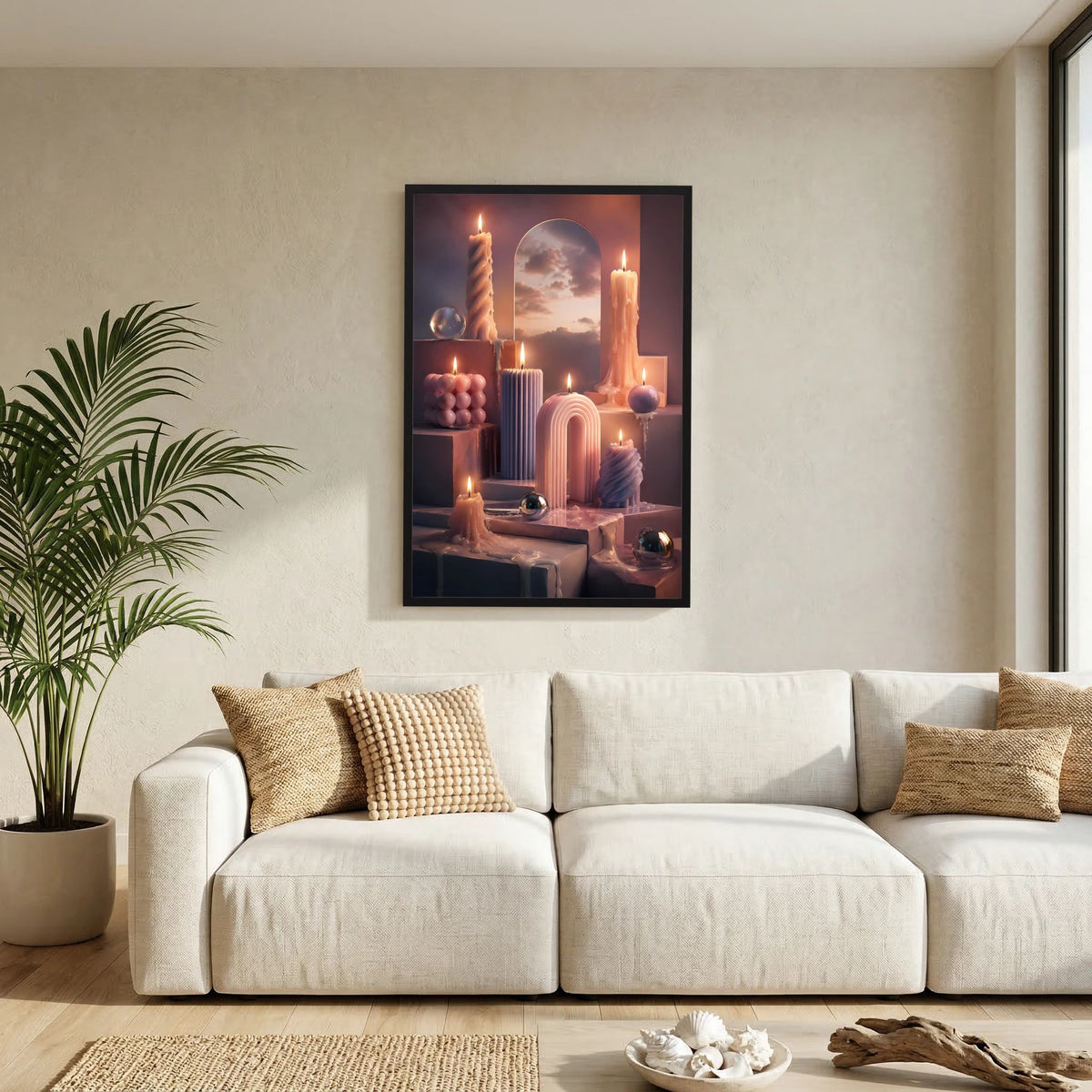 Wandposter im schwarzen Rahmen mit Kerzenszene in Pastellrosa und Regenbogenbogenmotiv